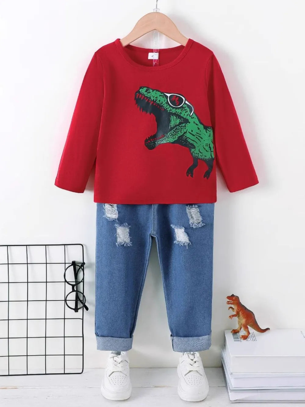 Dinosaur Round Neck Long Sleeve Top and Distressed Pants Set.