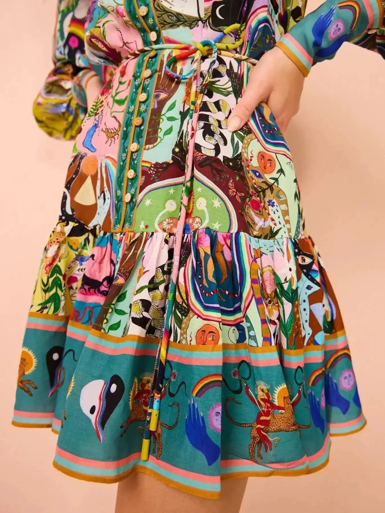 Colorful long Sleeve Mini Dress with Belt.