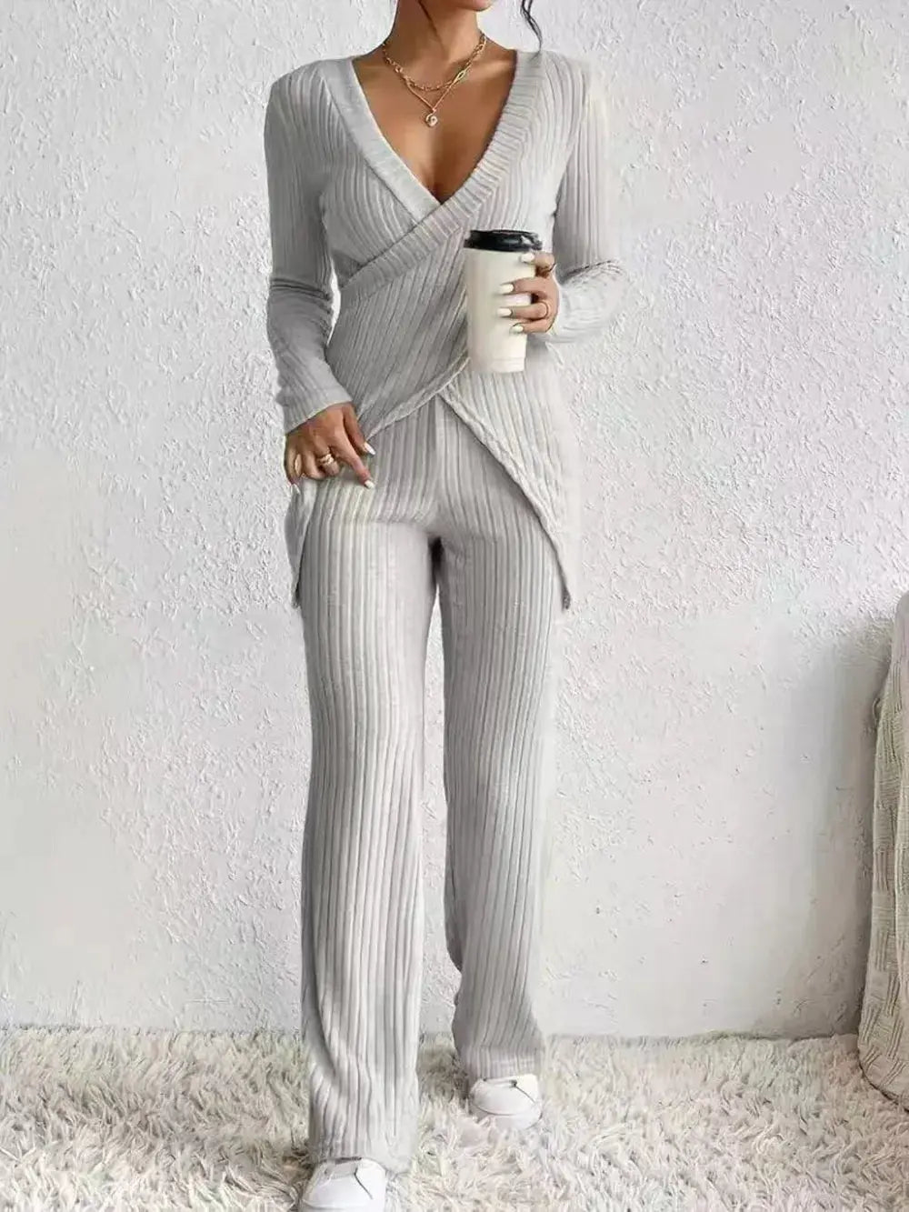 Surplice Long Sleeve Top and Pants Set.