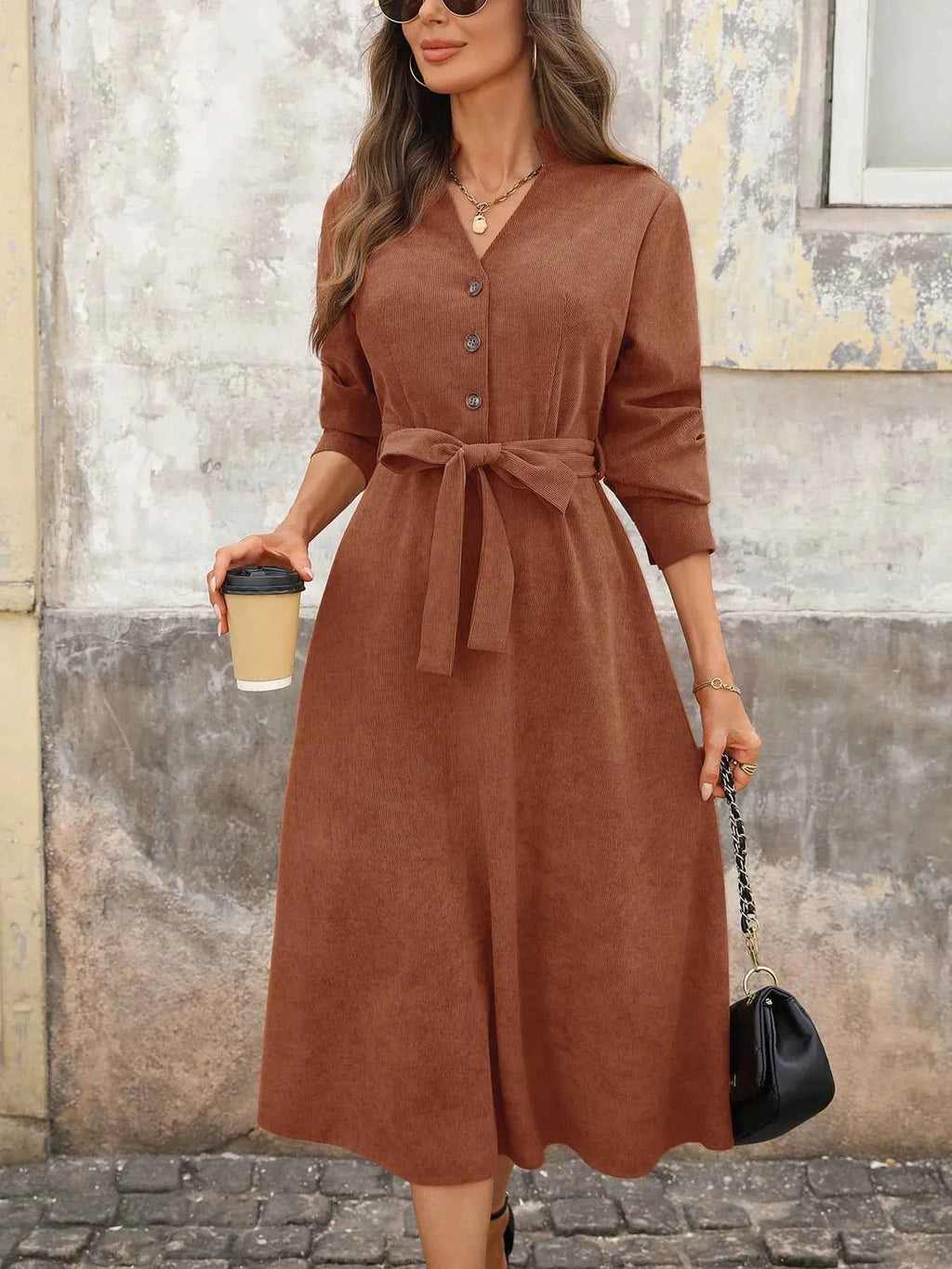 Long Sleeve Button Front Belted Midi Dress