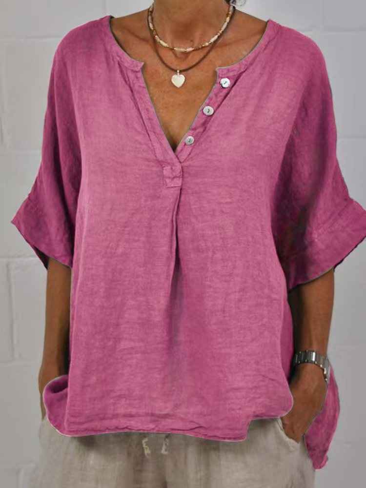 Cotton-linen Solid-color Door-cuff V-neck Button-up Shirt