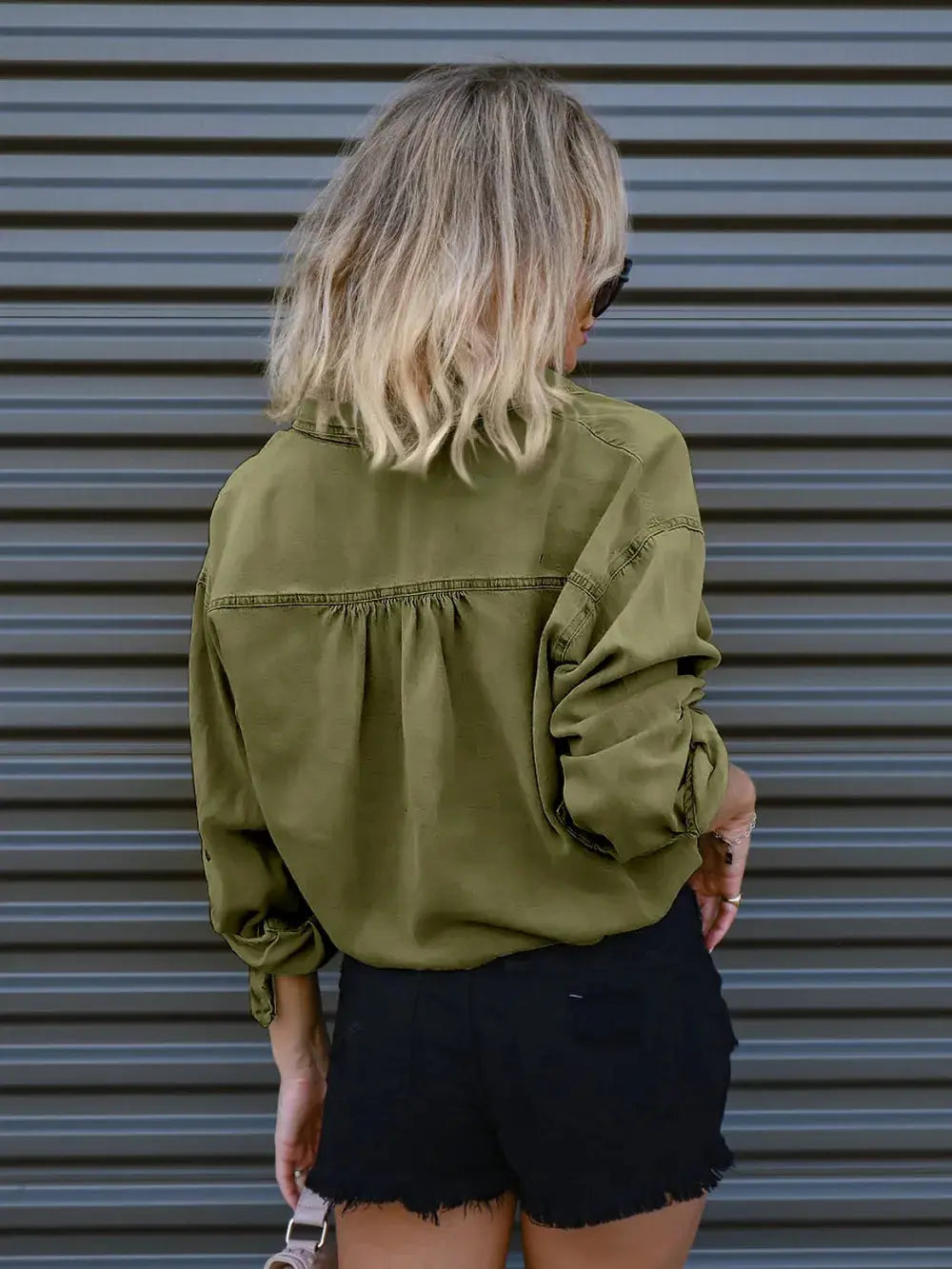 Drawstring Pocketed Button Up Denim Top.