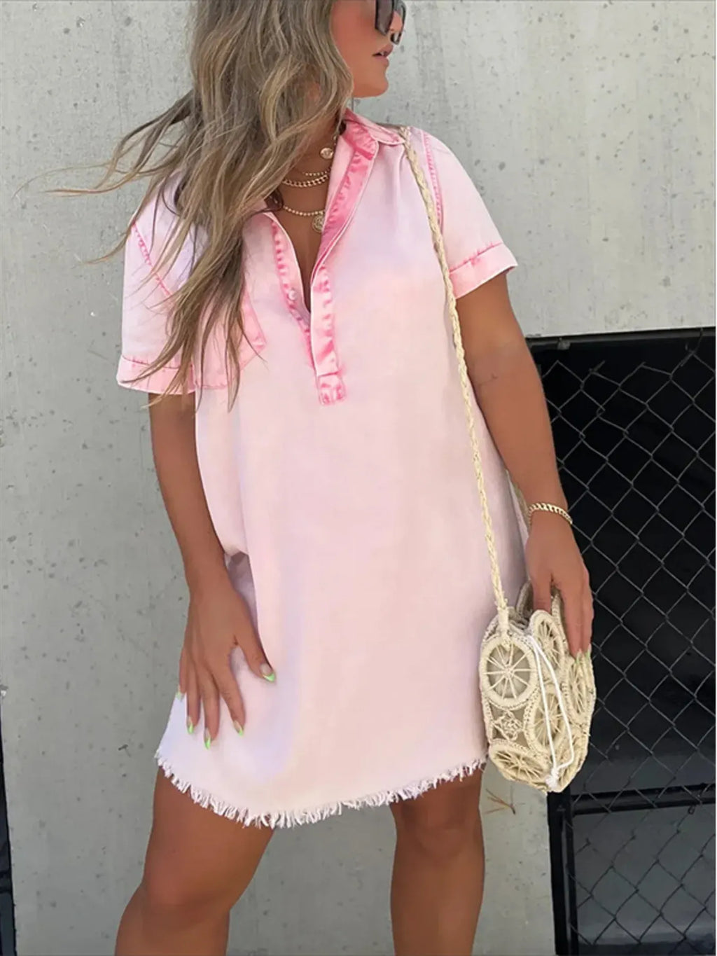 Full Size Raw Hem Short Sleeve Denim Dress Plus Size.