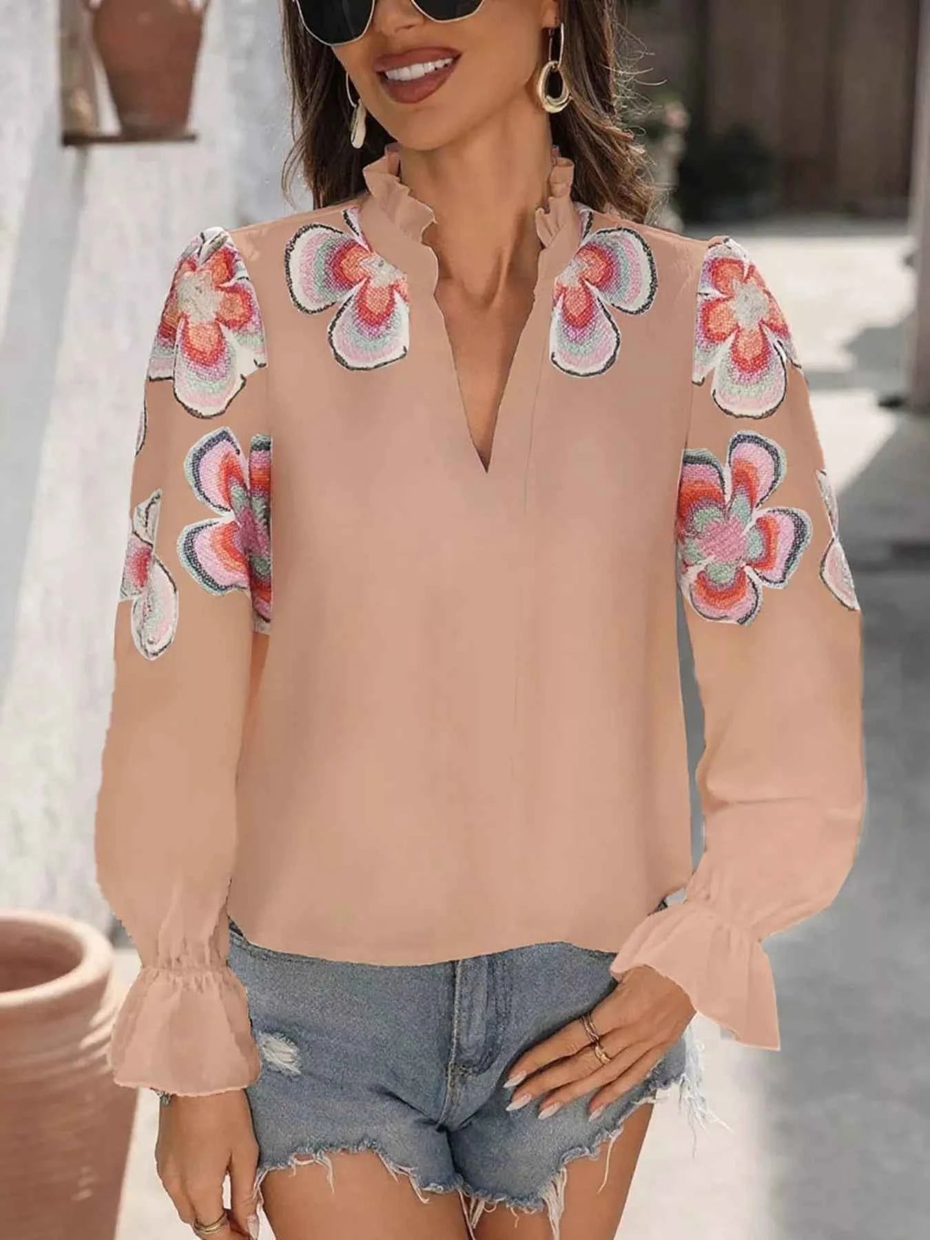 Floral Embroidered Notched Long Sleeve Blouse