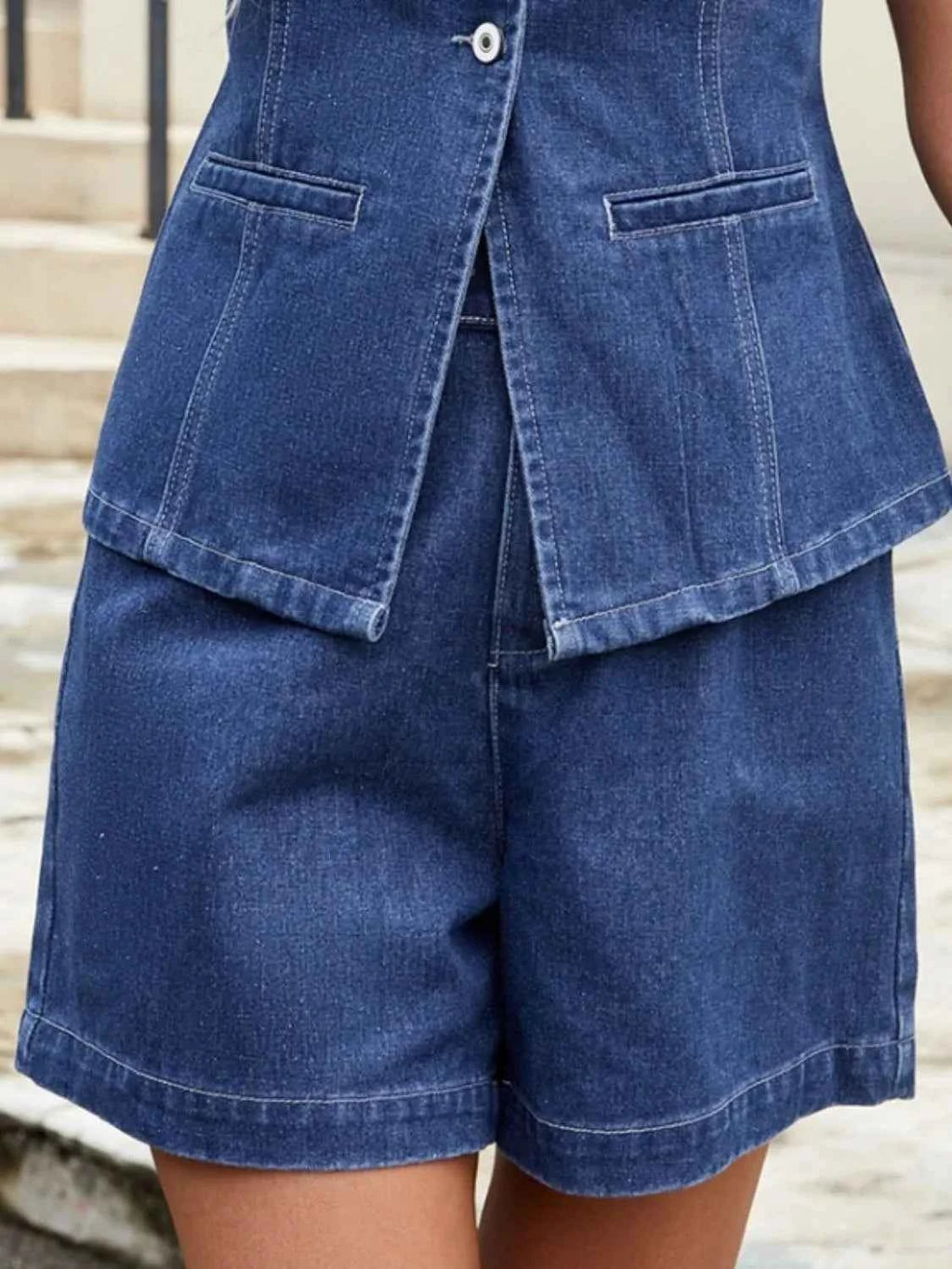 Button Down Vest and Shorts Denim Set.