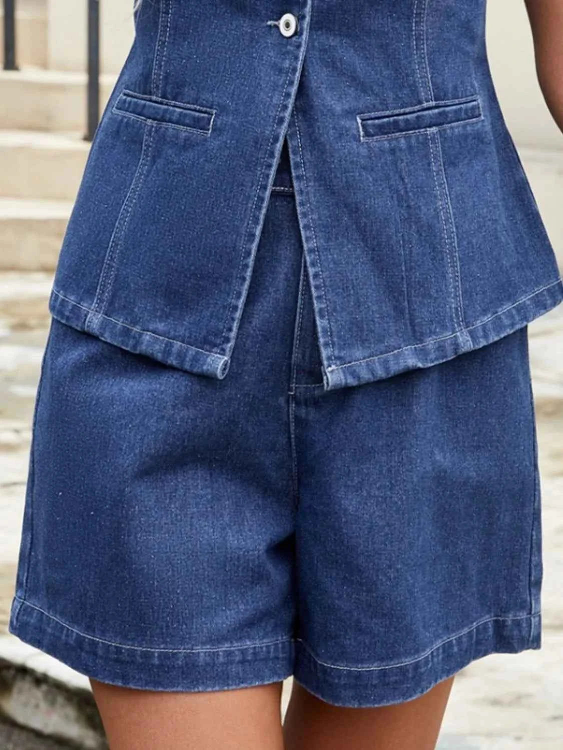 Button Down Vest and Shorts Denim Set.