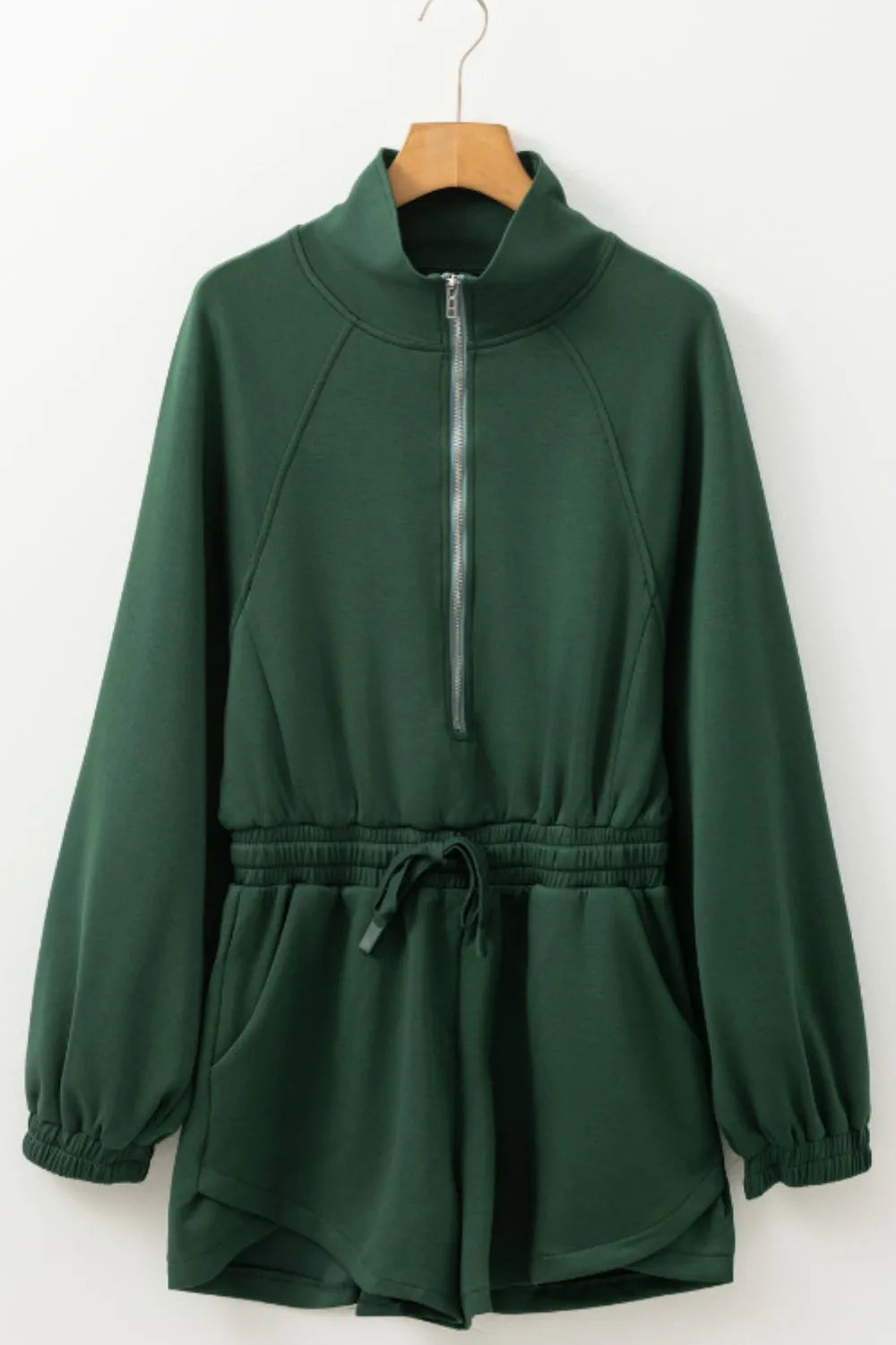 Drawstring Half Zip Long Sleeve Romper.