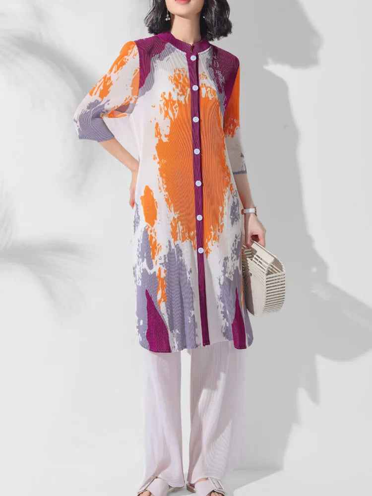 Folded print long jacket pants two-piece set stand collar button top wide leg pants two-piece set