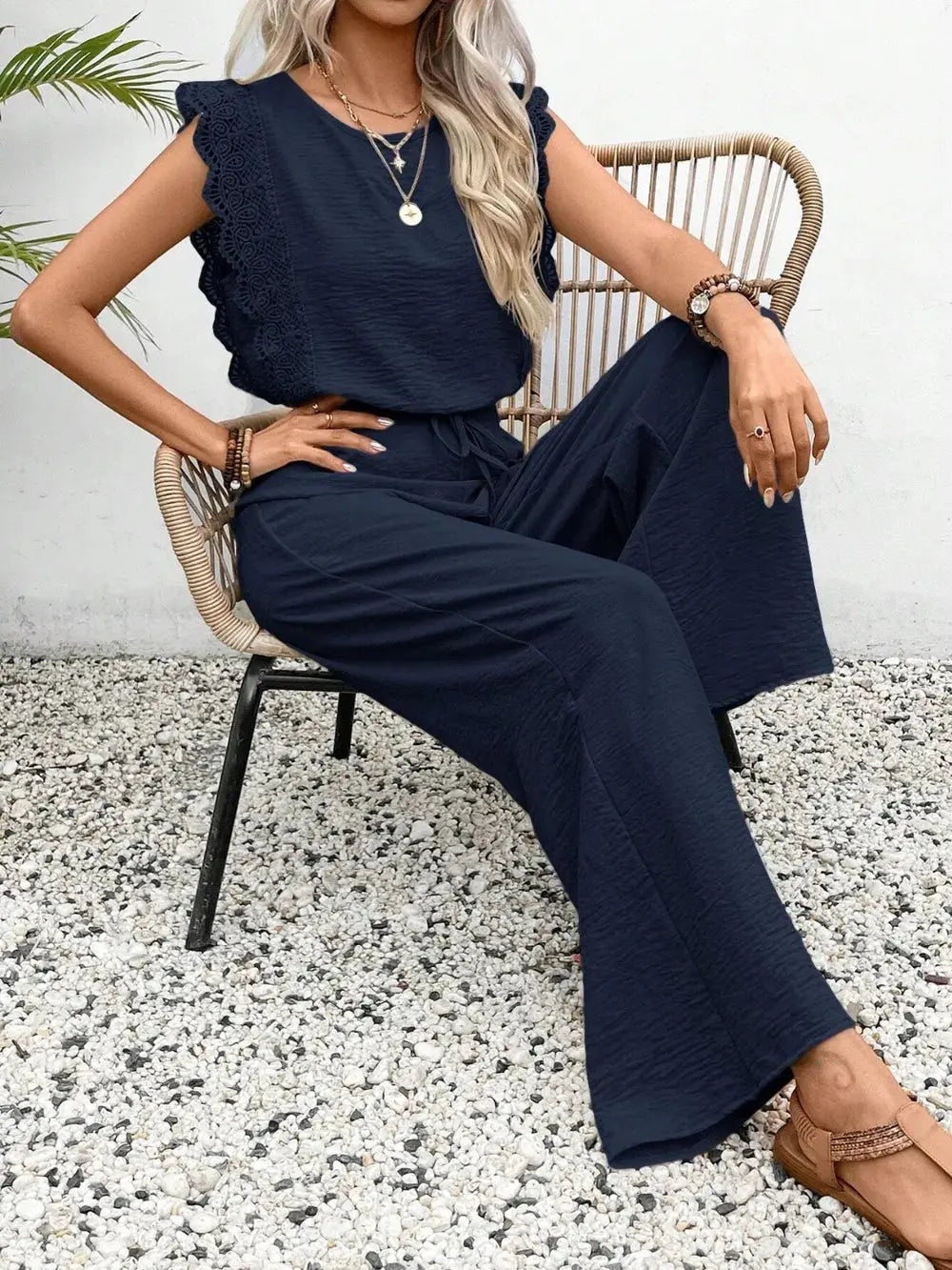 Lace Trim Round Neck Top and Pants Set - CHIC TB