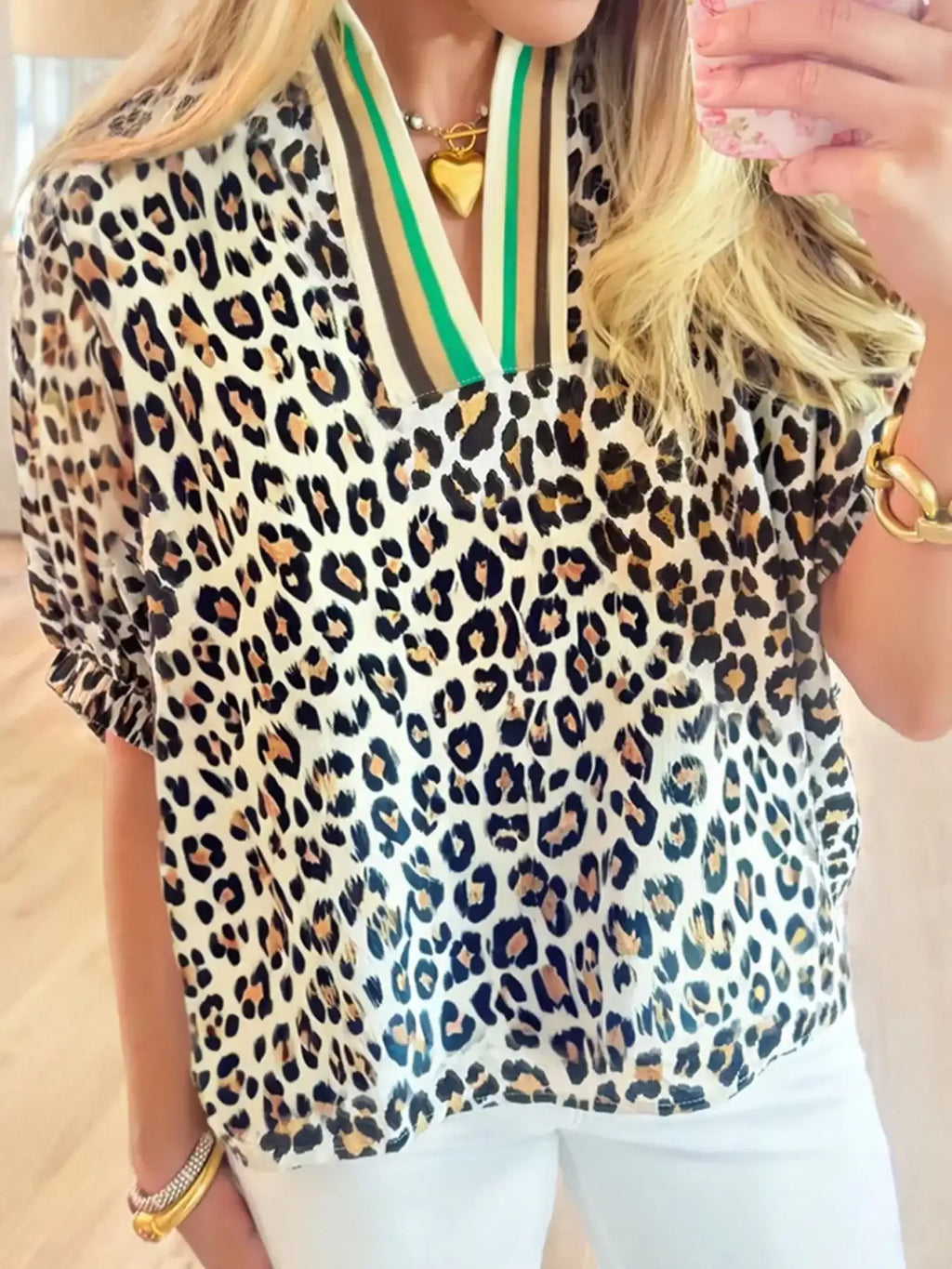 Leopard Print Notched Blouse with Striped Trim.