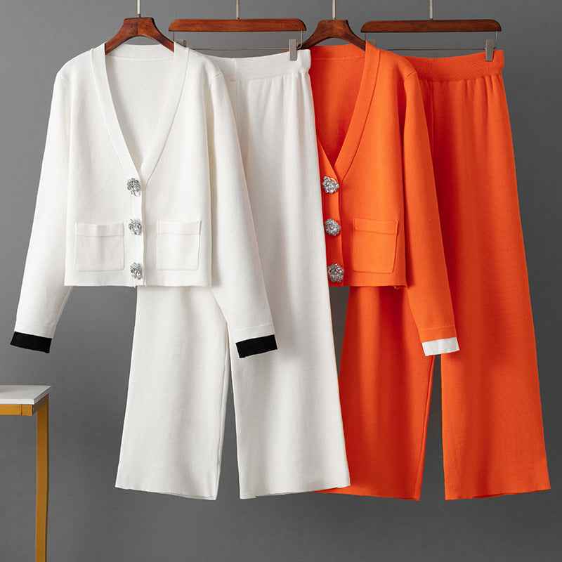 Cardigan suit sweater+slim straight leg pants two-piece set