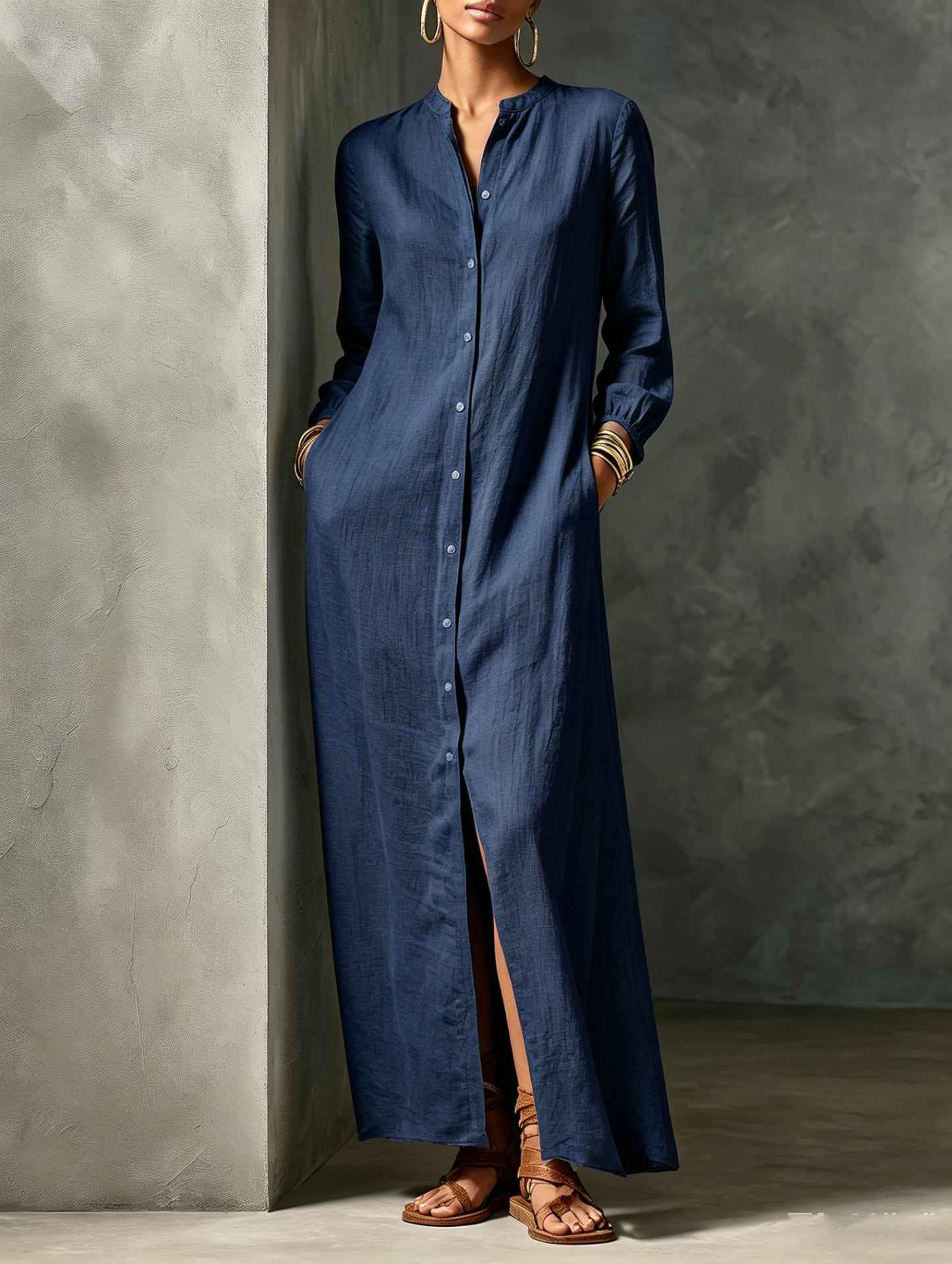Womens Solid-color Mandarin-collar Long-sleeve Side-slit Pocket Dress