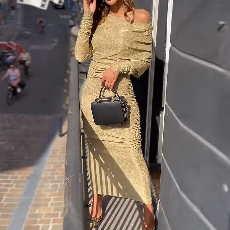 One-shoulder Split Dress with Off-Shoulder Design for Evening Wear and Party Occasions