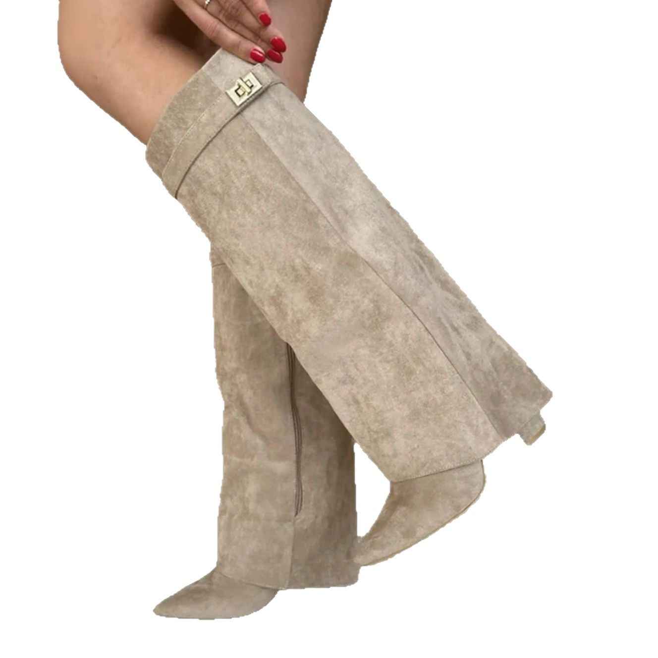 Boots with pointed toes large tube circumference straight tube metal buckle medium length tube thick heel women's boots