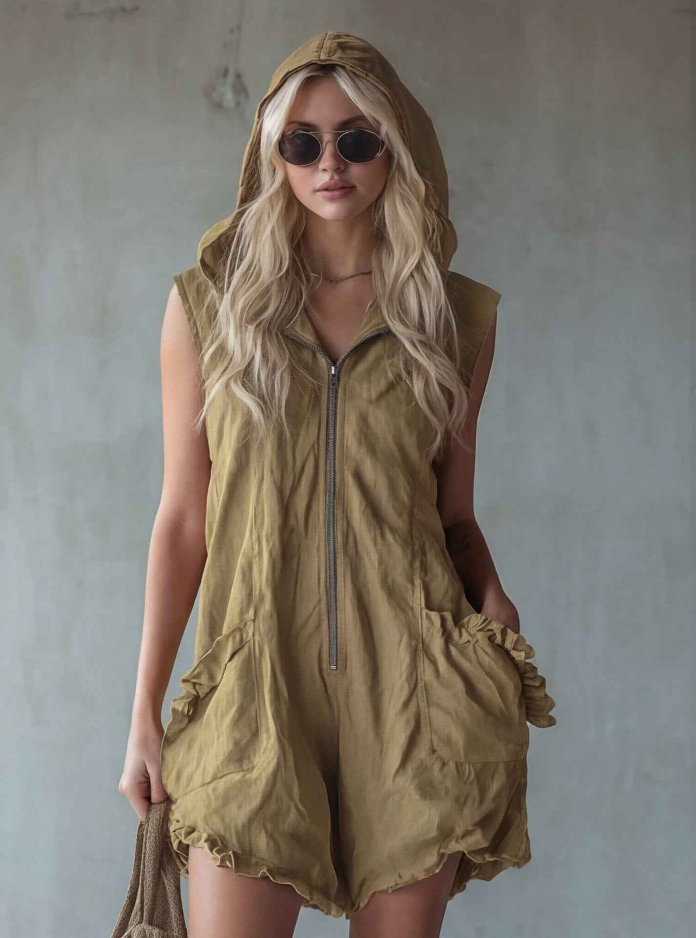 Retro-style Hooded Zip-up Sleeveless Cropped Cotton-linen Jumpsuit