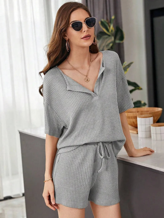 Full Size Waffle-Knit Dropped Shoulder Top and Shorts Set - CHIC TB