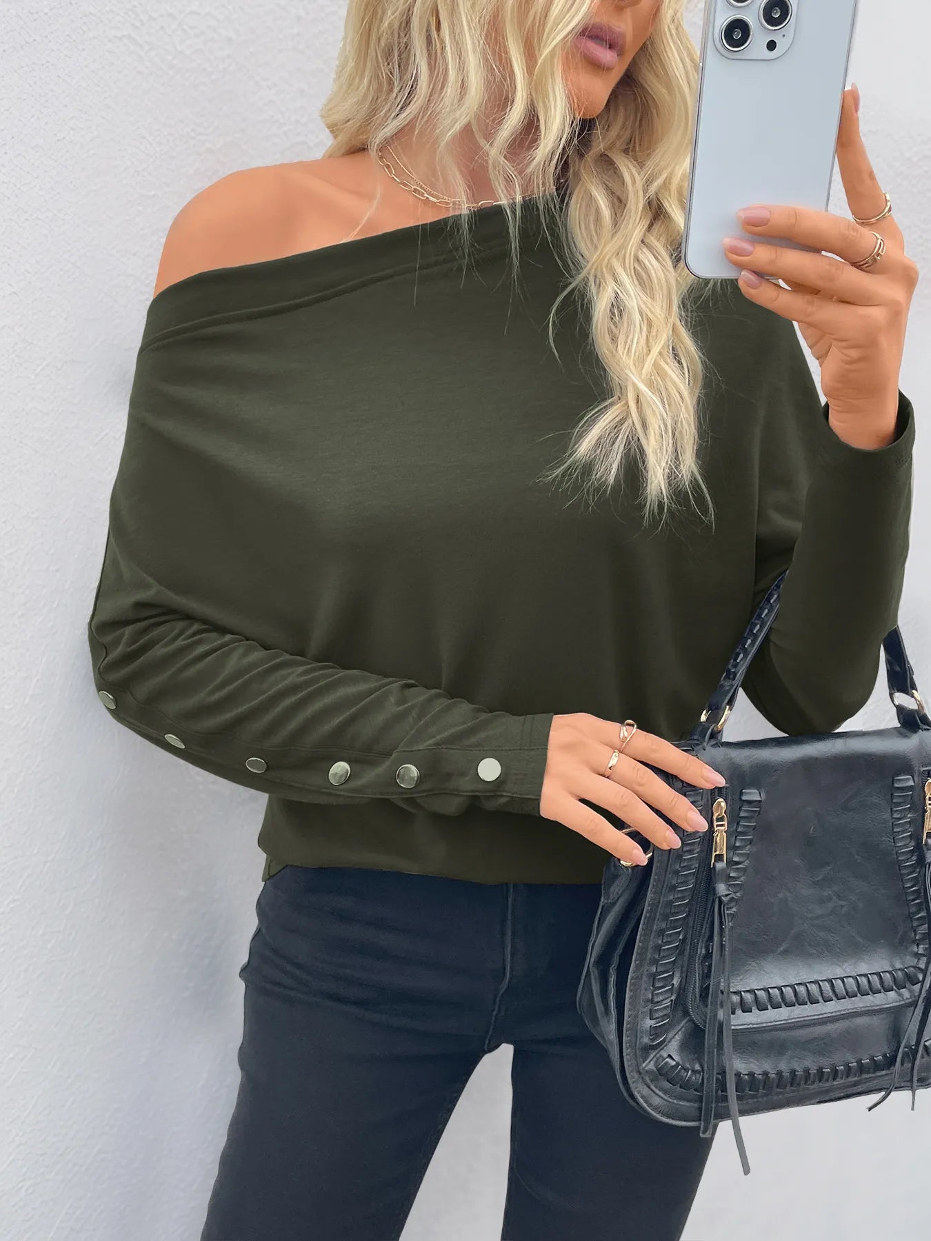 Single Shoulder Long Sleeve T-Shirt.