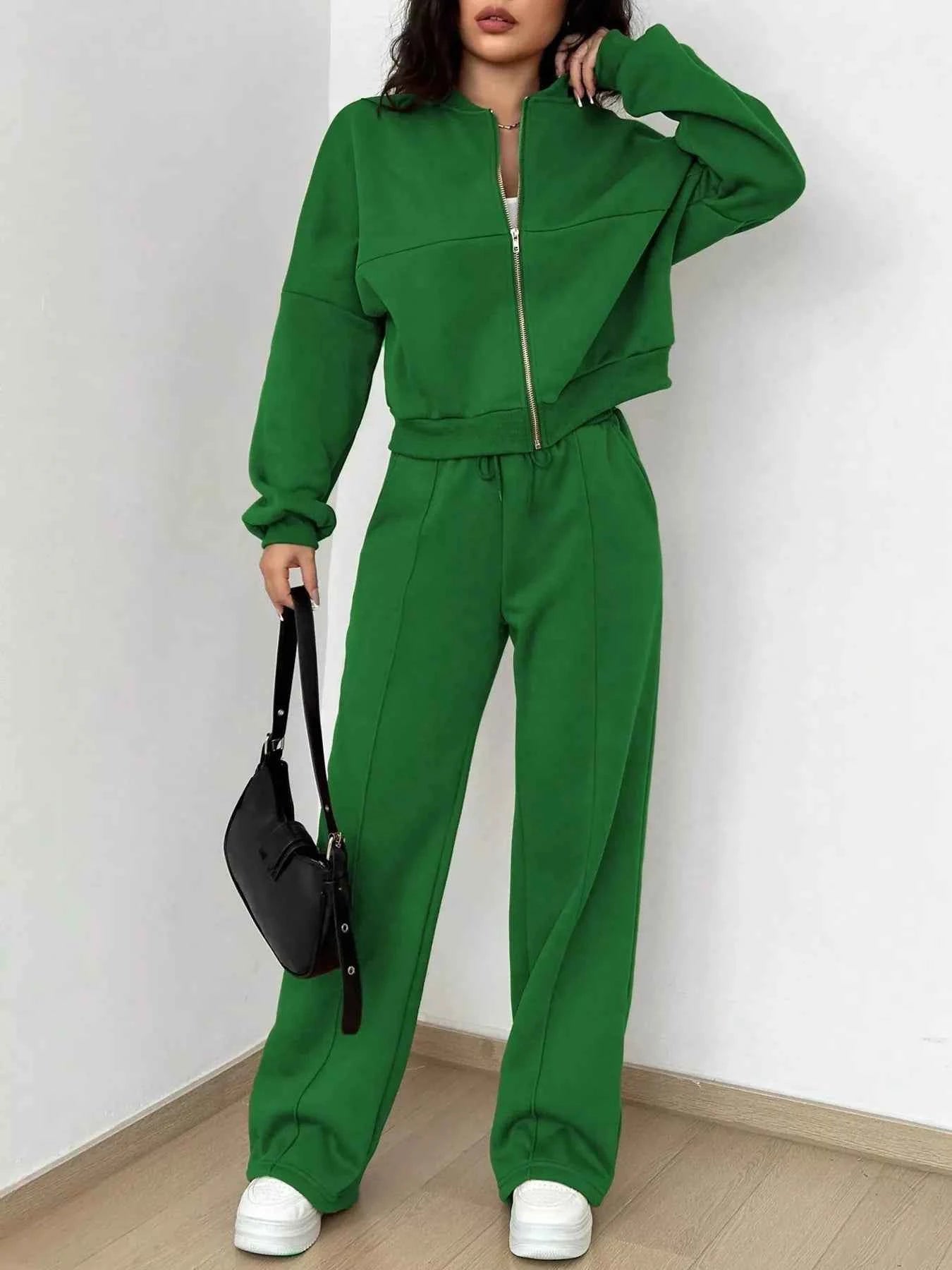 Casual Solid Color Zipper Jacket and Wide Leg Pants Set