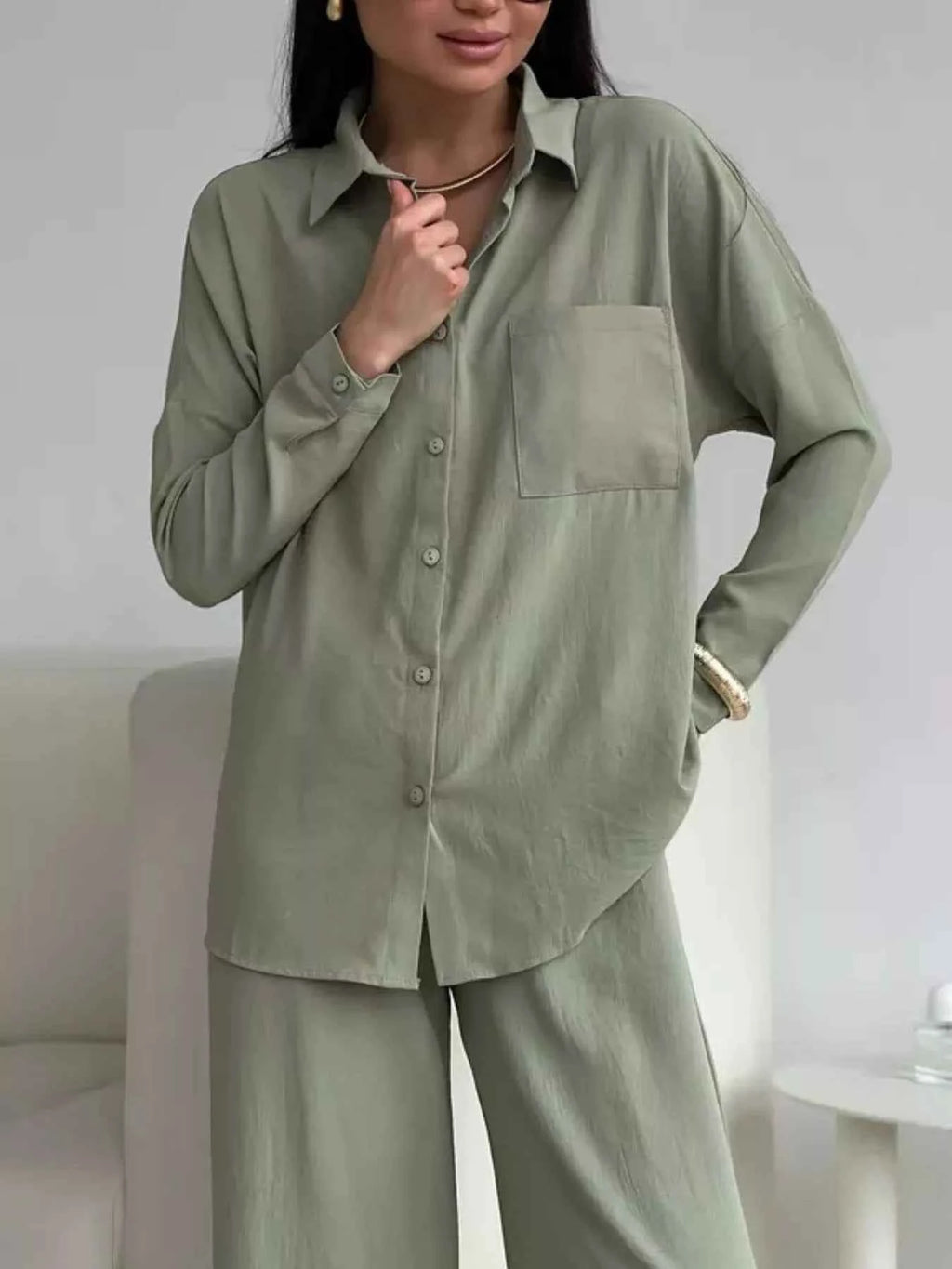 Button Up Long Sleeve Shirt and Pants Set