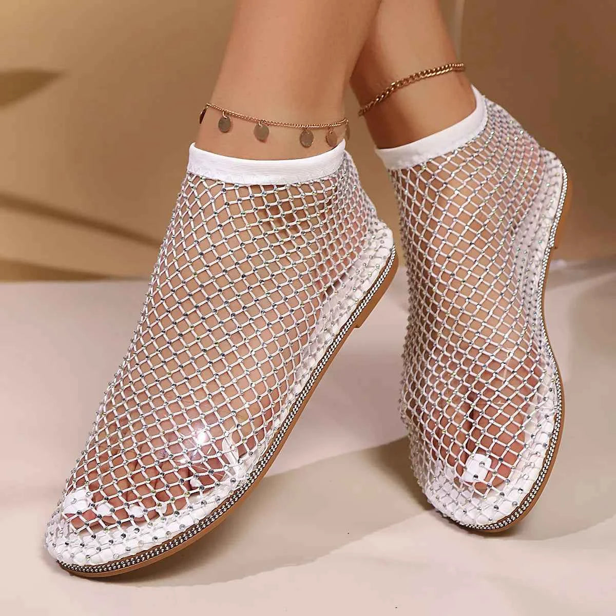 Rhinestone Mesh Flat Sandals.