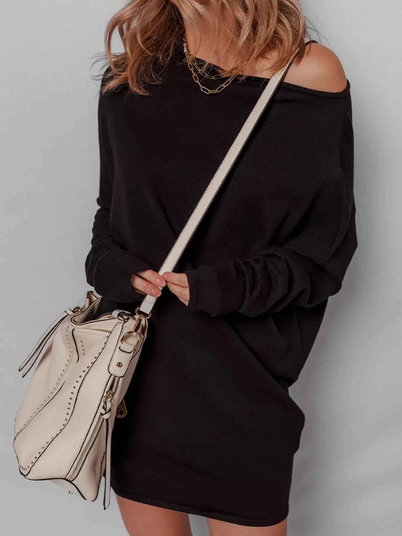 Asymmetric Neck Batwing Sleeve Shift Mini Sweater Dress