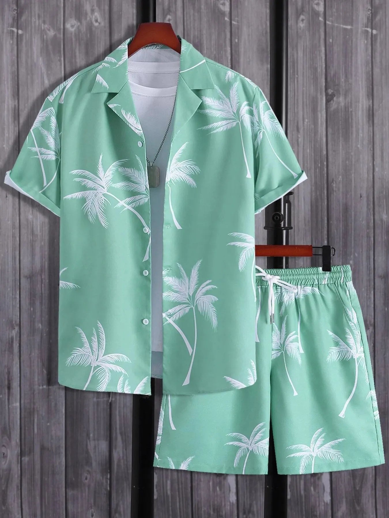 Men's Full Size Palm Print Button Up Shirt and Shorts Set Plus Size.