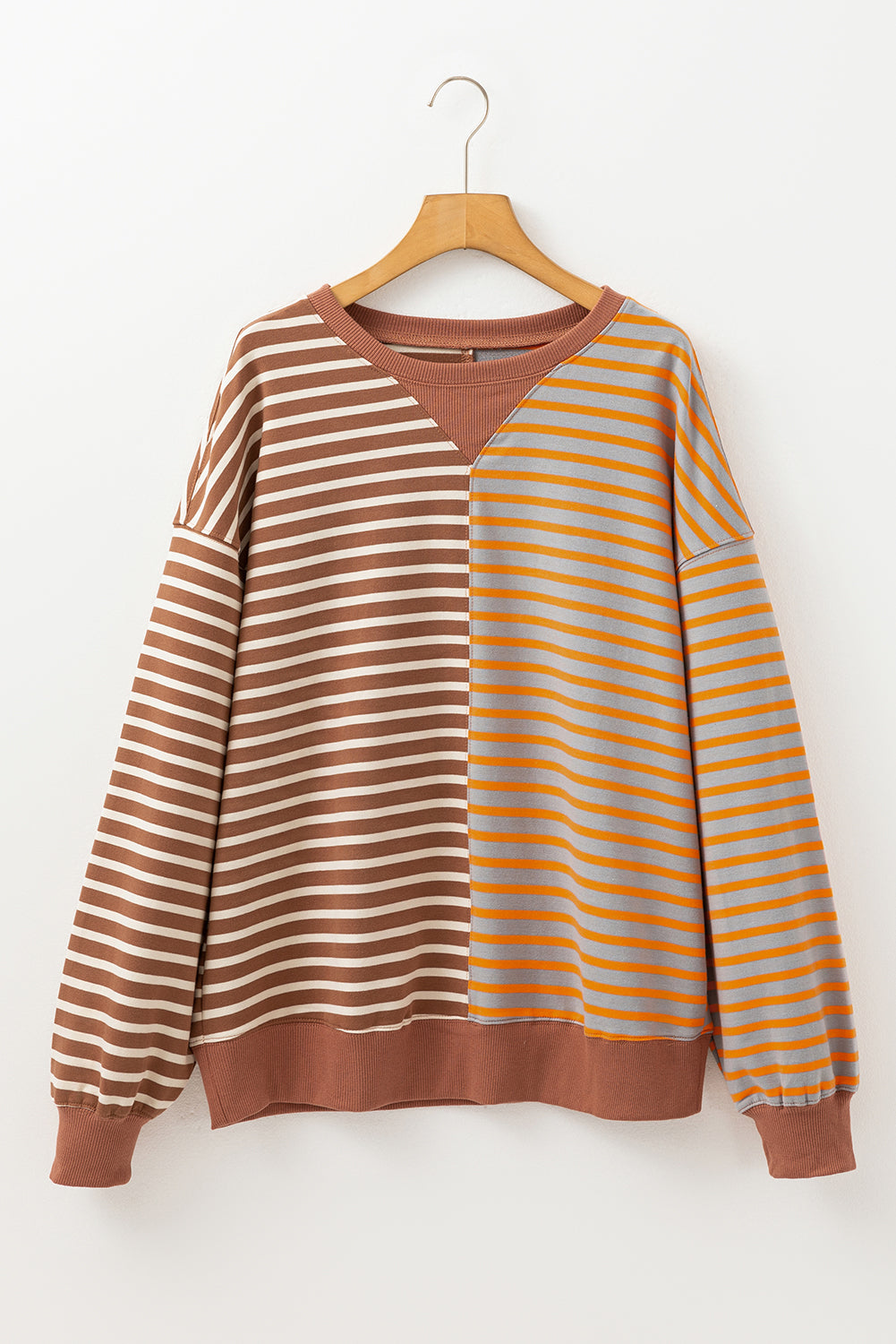 Brown Stripe Casual Stripe Colorblock Drop Shoulder Oversize Sweatshirt Dear-Lover Dropshipping