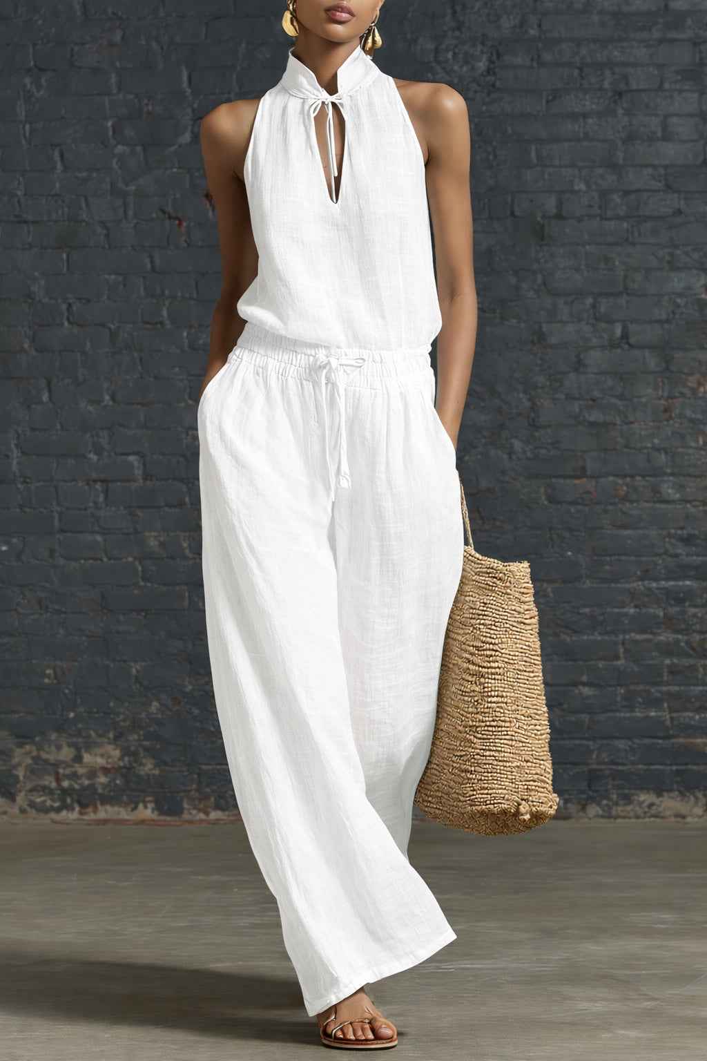Urban-style Cotton And Linen Top And Wide-leg Pants Set