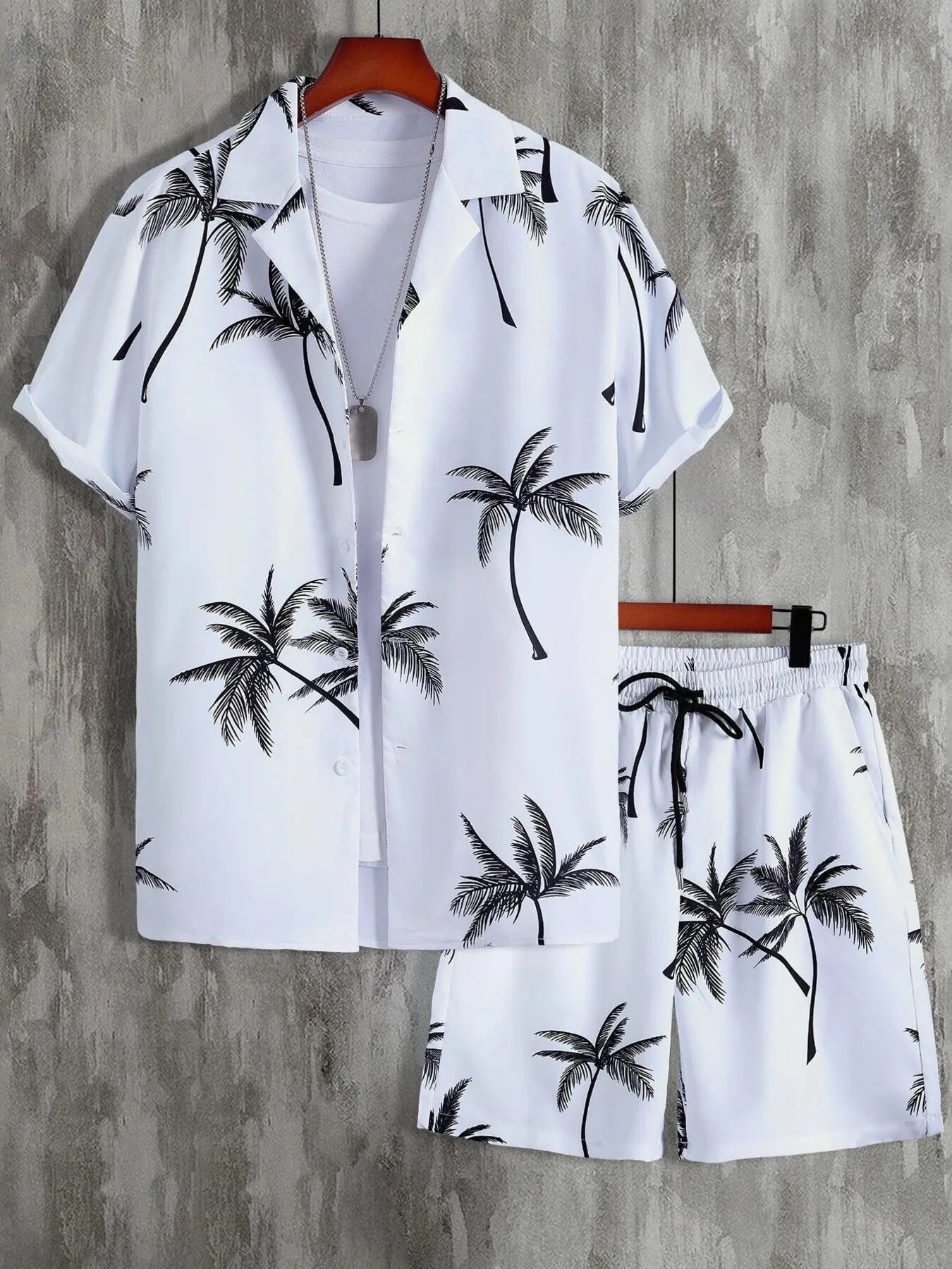 Men's Full Size Palm Print Button Up Shirt and Shorts Set Plus Size.