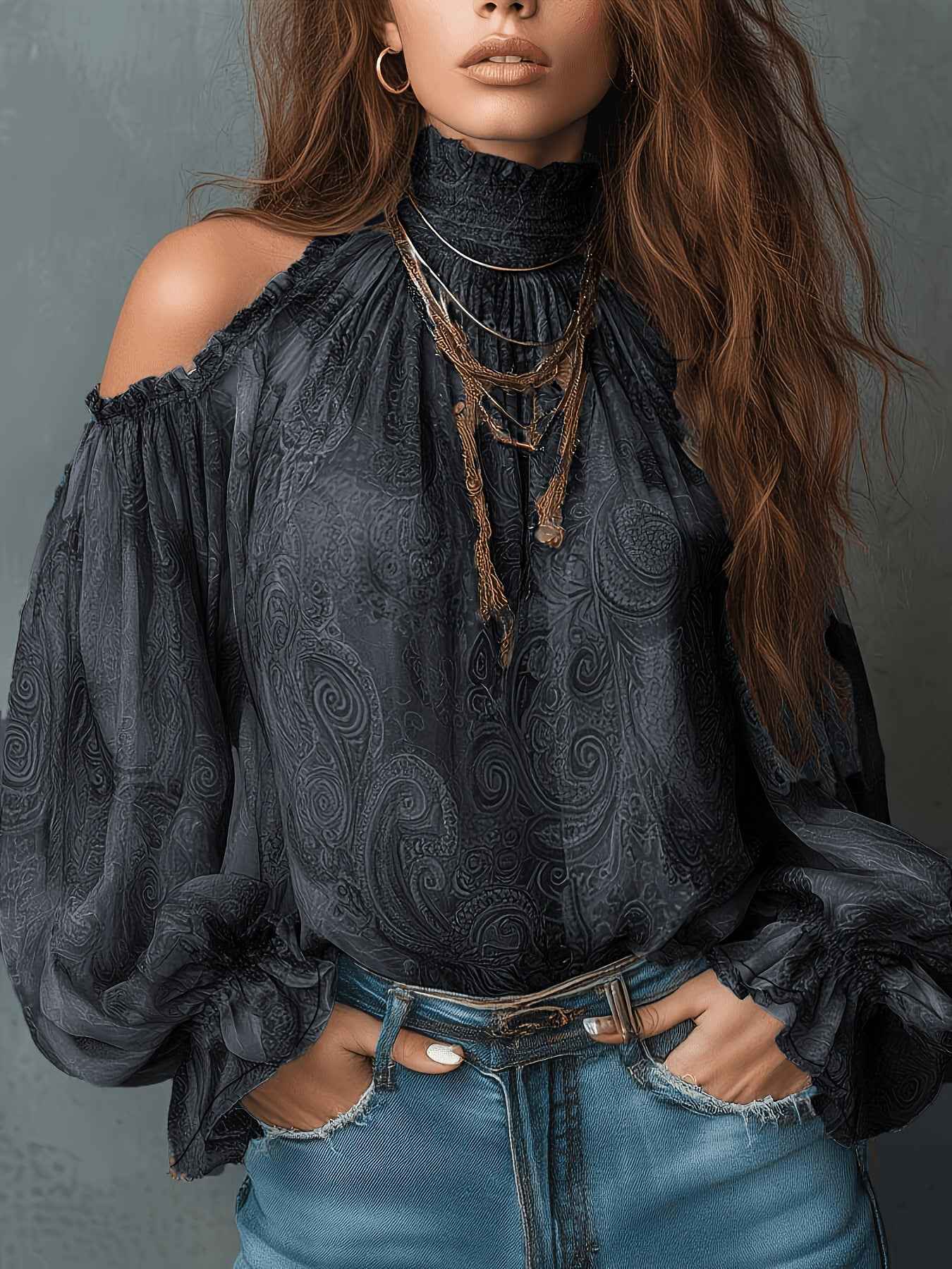 Retro Cashew-print High-neck Off-shoulder Chiffon Blouse