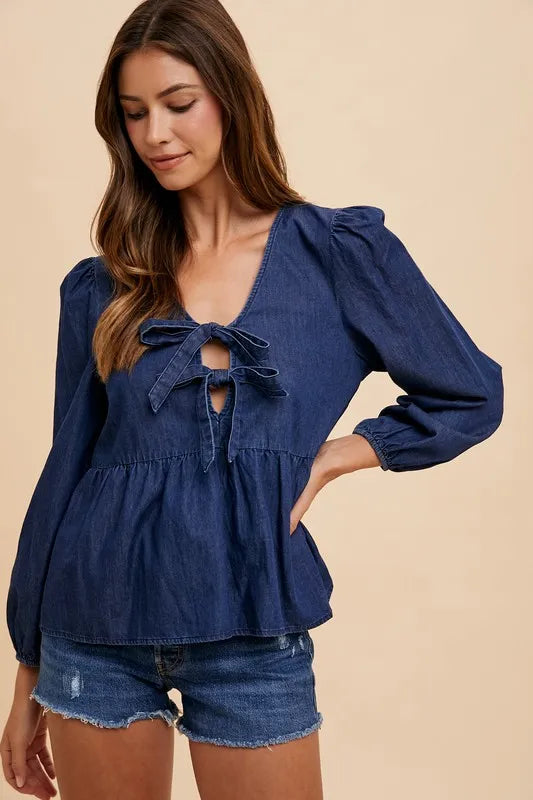 Annie Wear Tie Front Peplum Long Sleeve Denim Top.