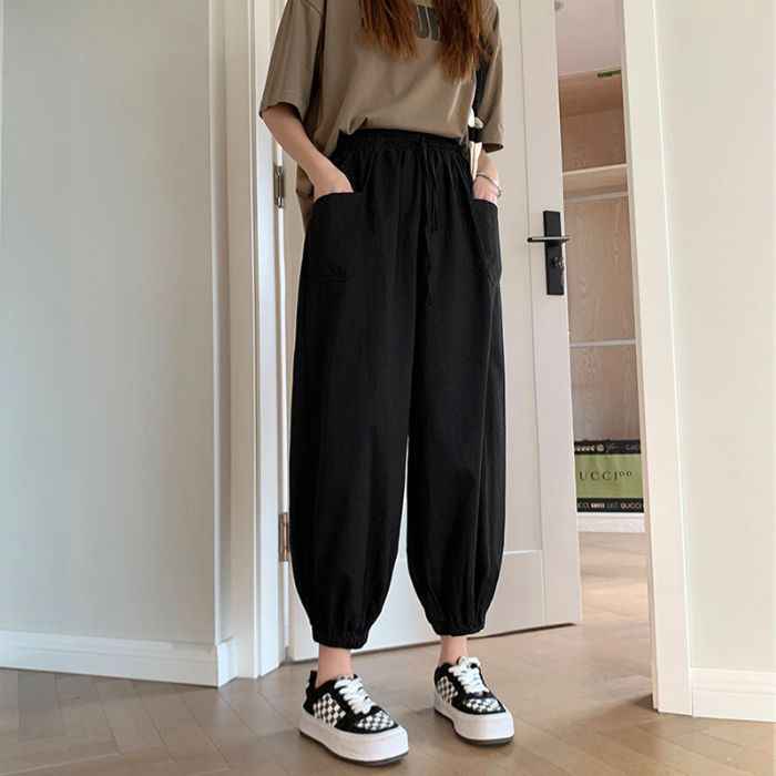 Cotton Harem Trousers Women's Loose Cuffed Wide-Leg Nine-Point High-Waist Casual Slimming Dad Pants