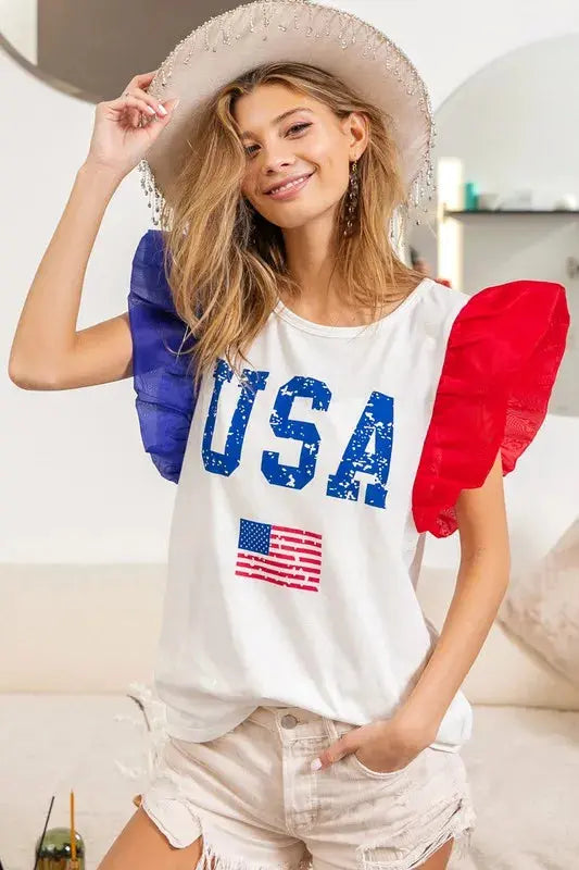 USA Theme Color Block Organza Ruffle Sleeve Top.