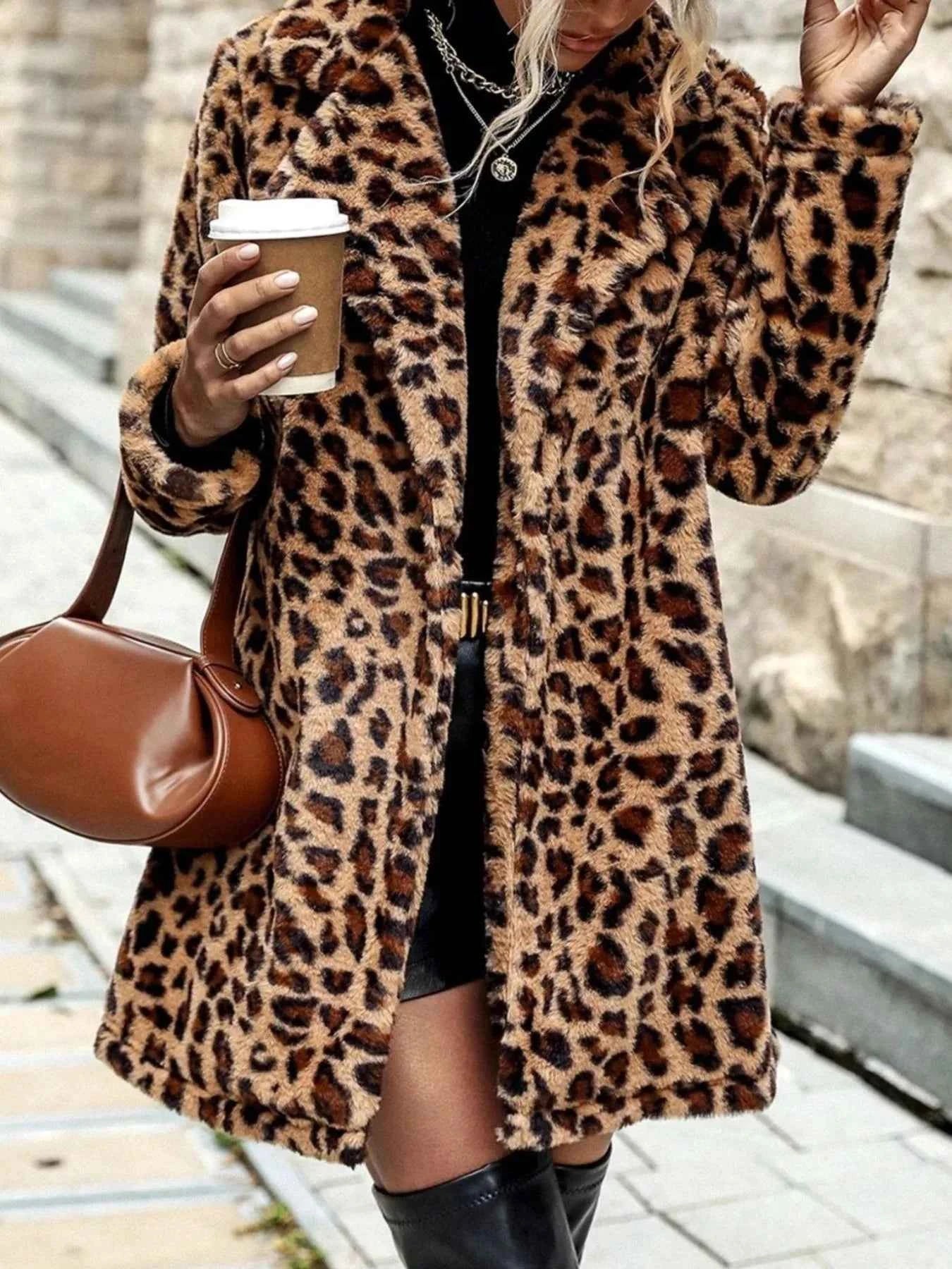 Leopard Print Faux Fur Longline Coat