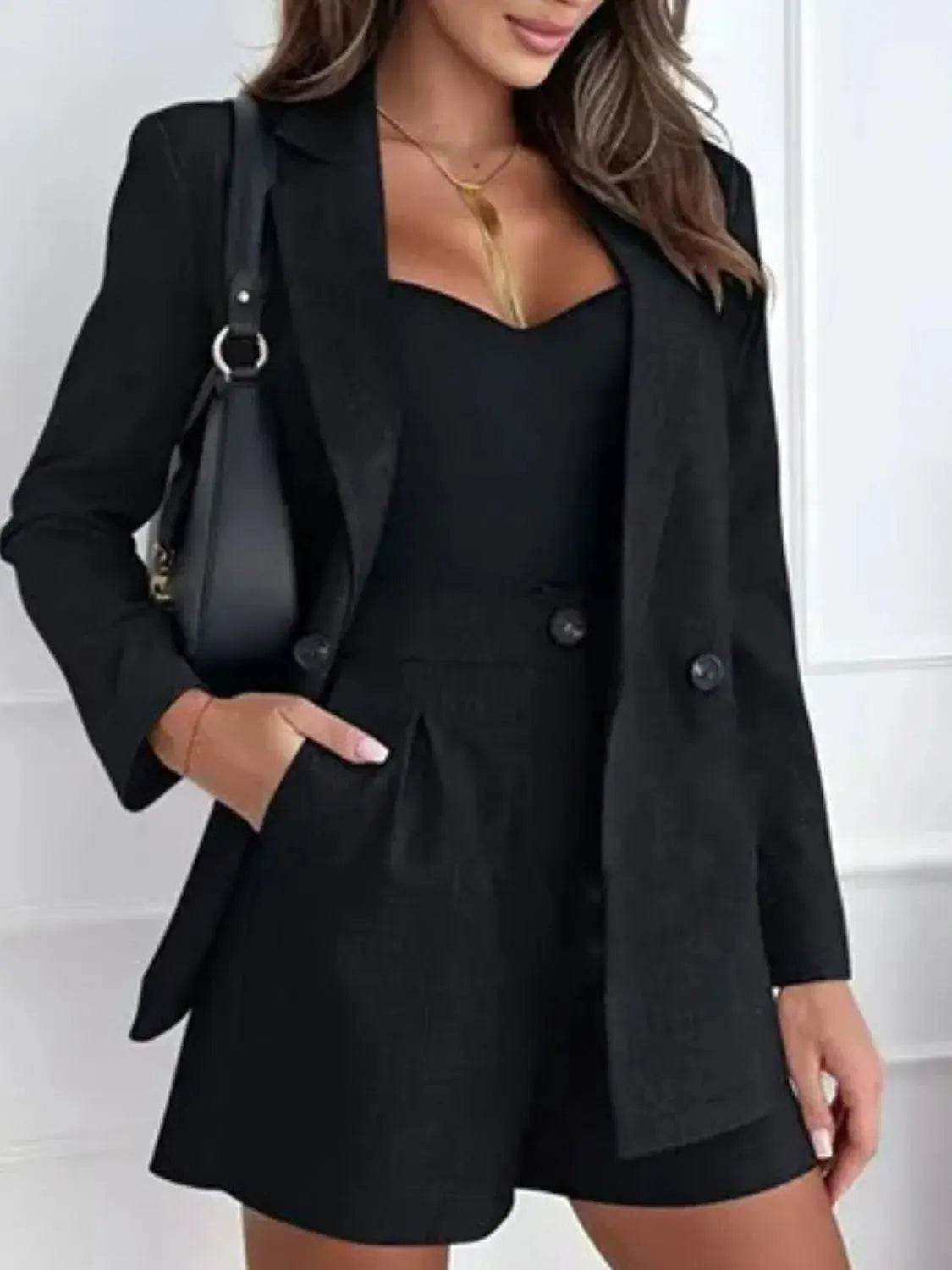 One Button Lapel Collar Blazer and Shorts Set WOMEN - CHIC TB