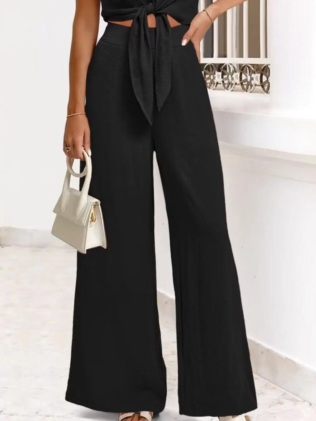 Tie Front Top and Wide Leg Pants Set.