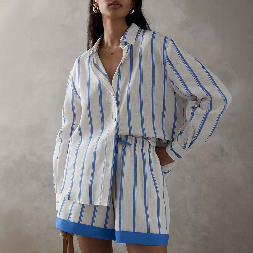 Linen Blue and White Stripe Shirt Women's Loose Bohemian Long Sleeve Casual Set Office Wear Two-Piece Shirt