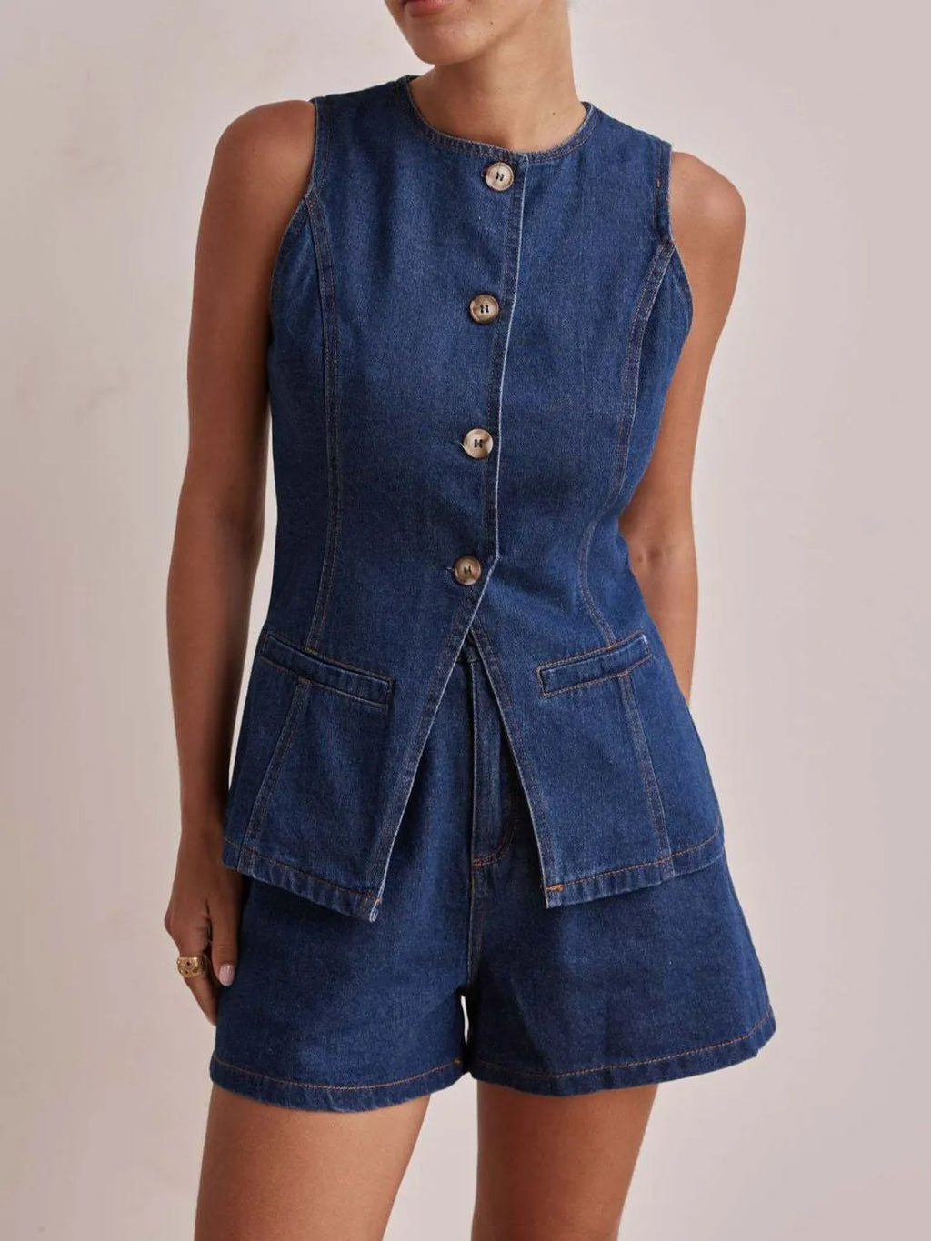 Button Down Vest and Shorts Denim Set.