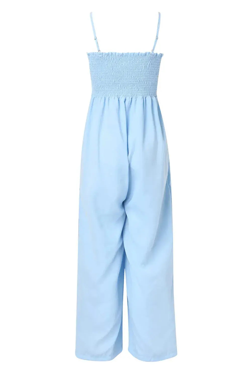 Smocked Spaghetti Strap Wide Leg Jumpsuit.