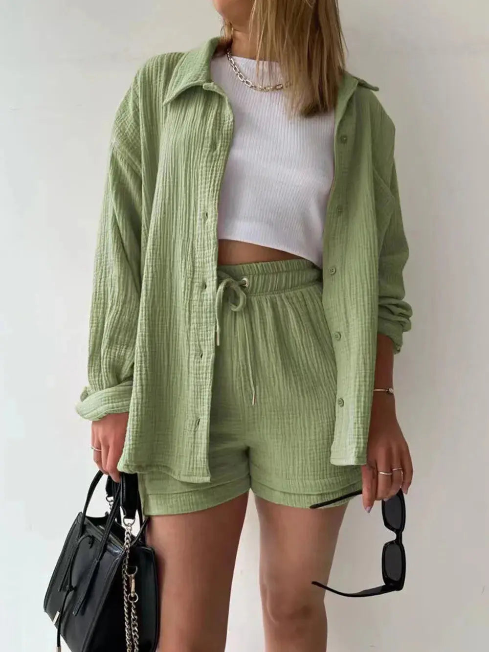 Texture Button Up Shirt and Drawstring Shorts Set - CHIC TB