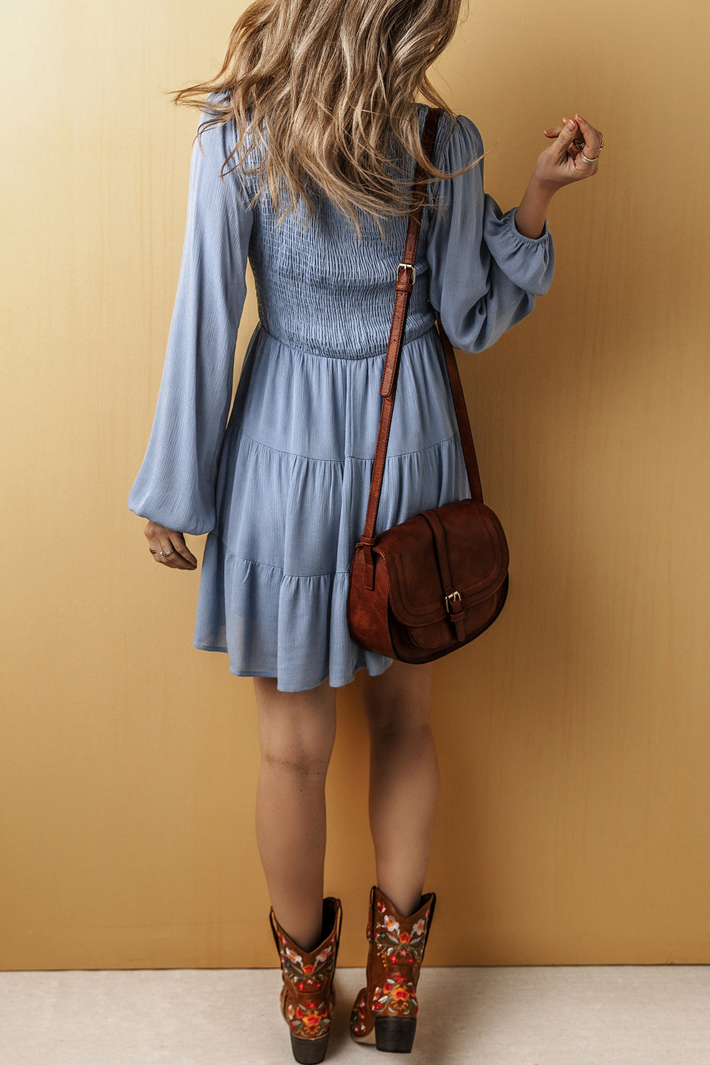 Ashleigh Blue Long Sleeve V Neck Smocked Tiered Mini Dress Dear-Lover Dropshipping