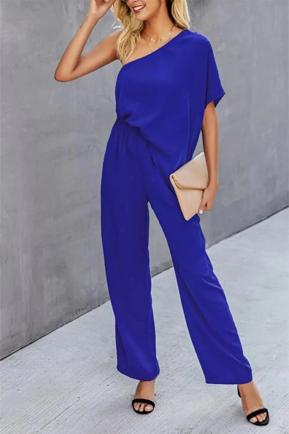 Single Shoulder Short Sleeve Jumpsuit.