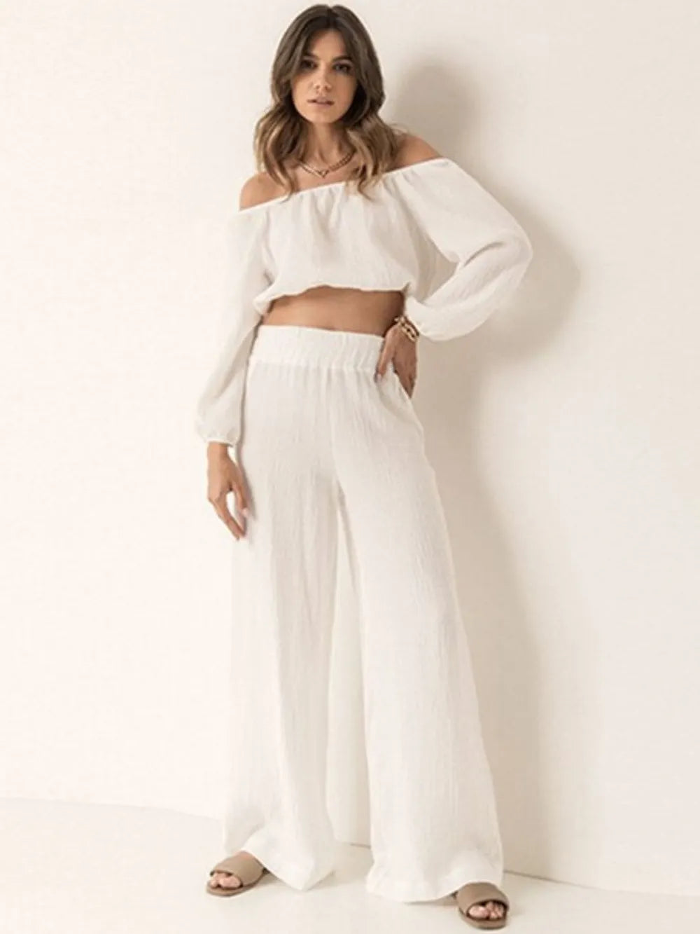 Off Shoulder Long Sleeve Top and Pants Set - CHIC TB