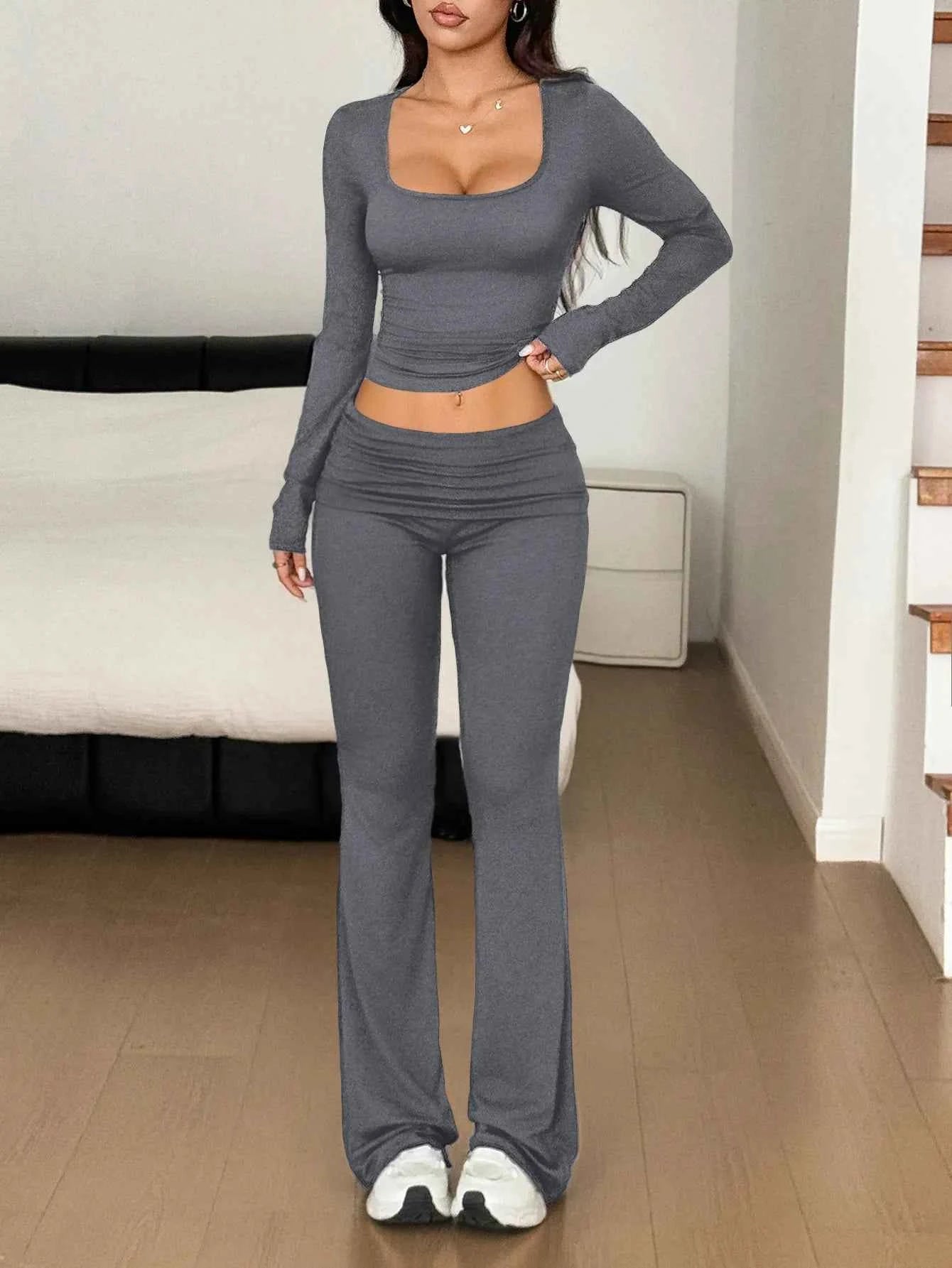 Long Sleeve Crop Top and Bootcut Pants Set