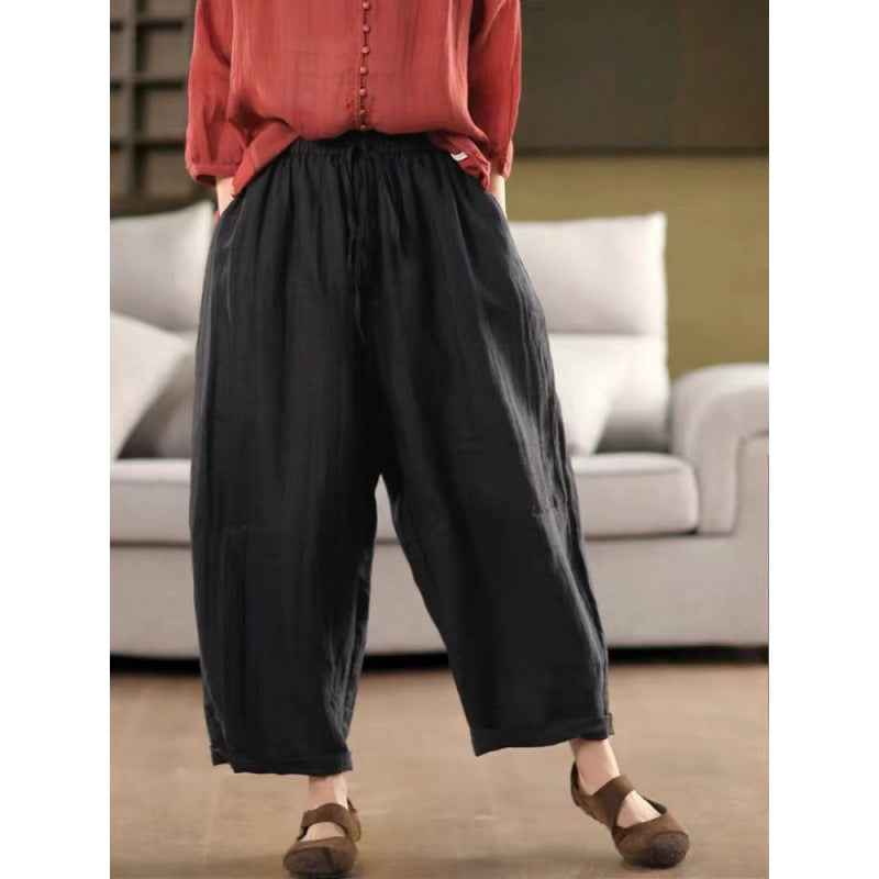 Cotton Wide-Leg Pants Women Elastic Waist Slimming Trousers Casual Wide Leg Pants Ankle-Length Pants