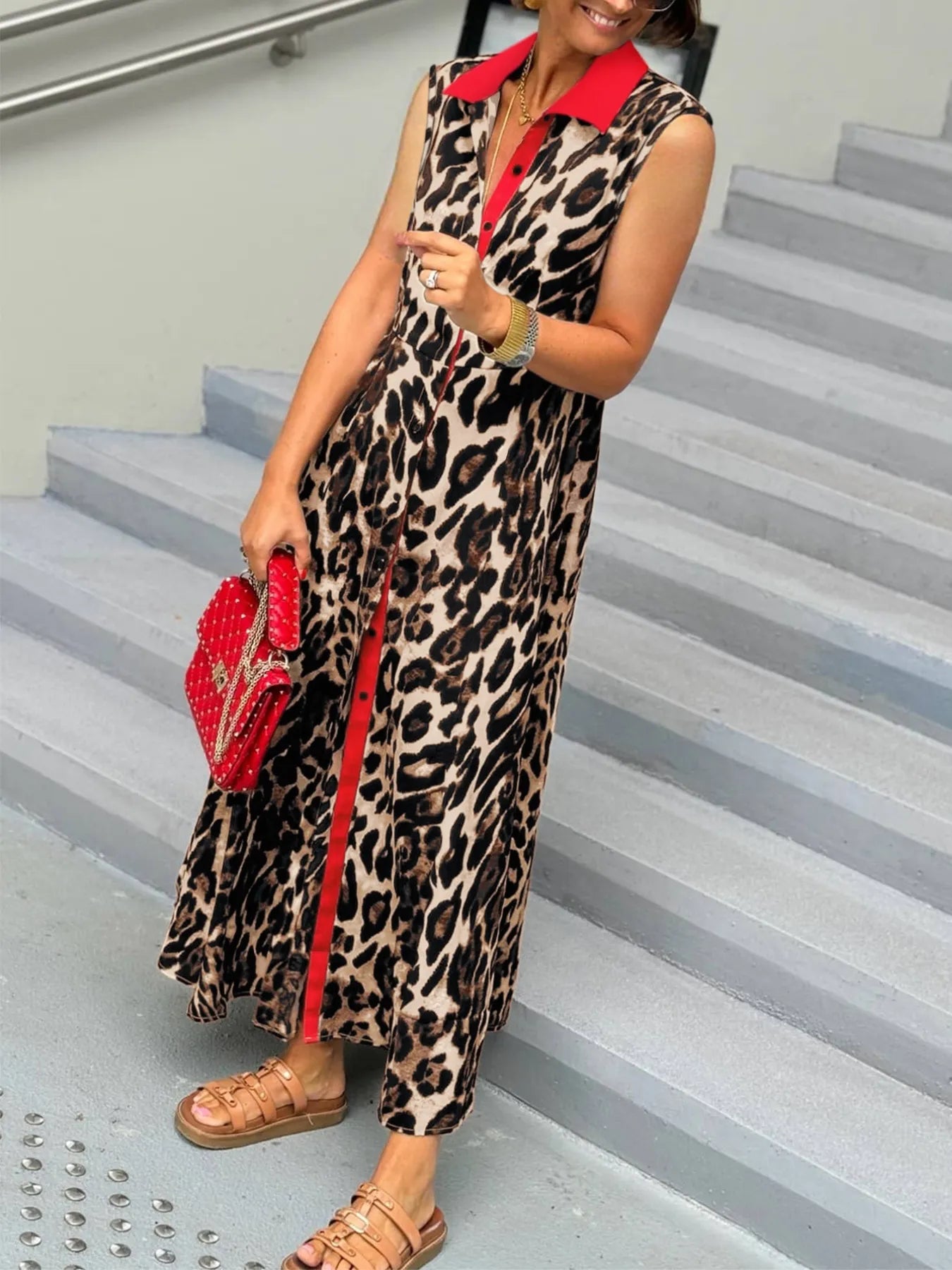 Plus Size Leopard Print Sleeveless Maxi Dress.