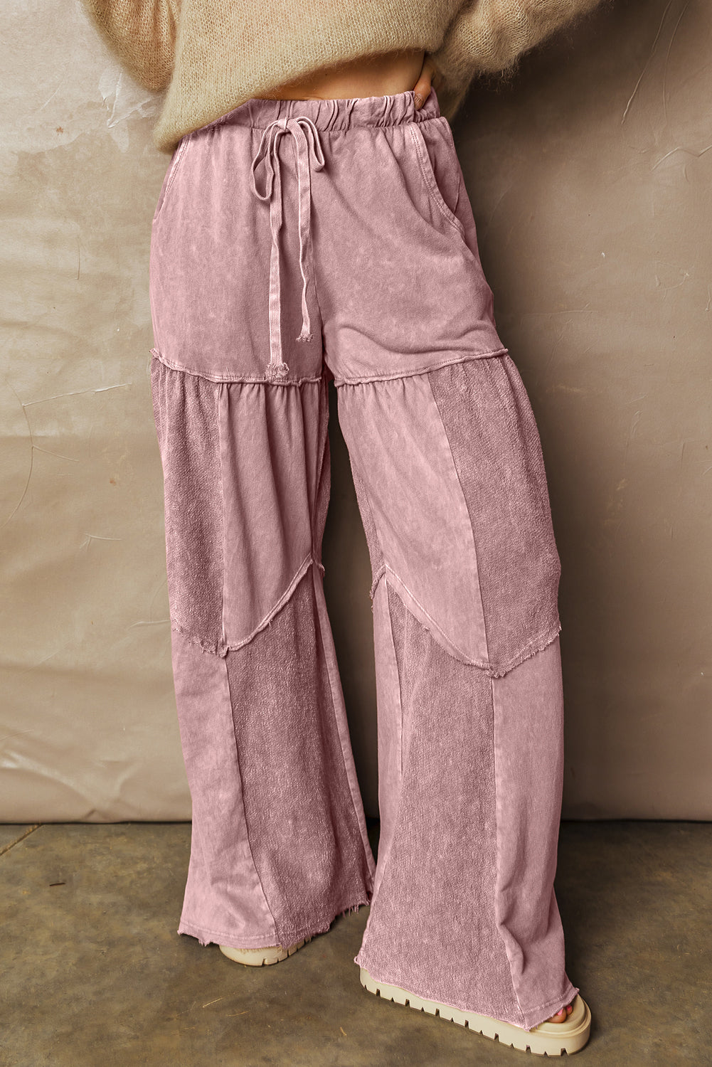Careys Mineral Wash Tiered Wide Leg Patchwork Drawstring Pants Dear-Lover Dropshipping