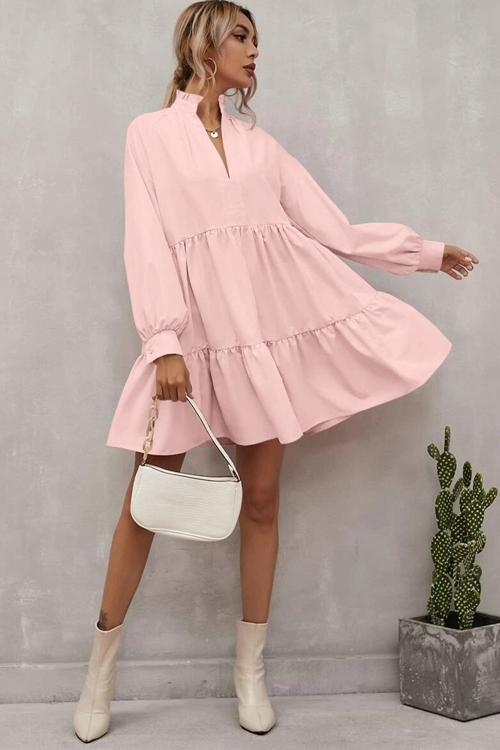 Pink Frilled Stand Collar Long Sleeve Ruffle Dress Dear-Lover Dropshipping
