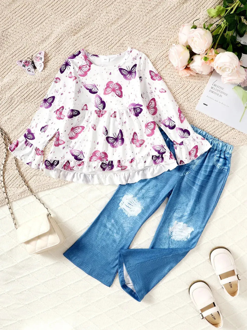 Children's Butterfly Print Top and Flare Pants Set.