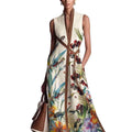 Sleeveless Long V-neck Printed Patchwork Dress